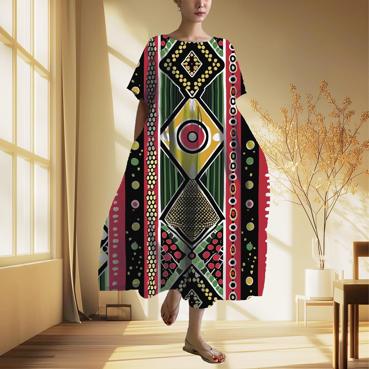 Summer Maxi Dress for Women Plus Size Casual Boho Ethnic Baggy Loose Fit Crew Neck Short Sleeve Beach Dress - Image 2