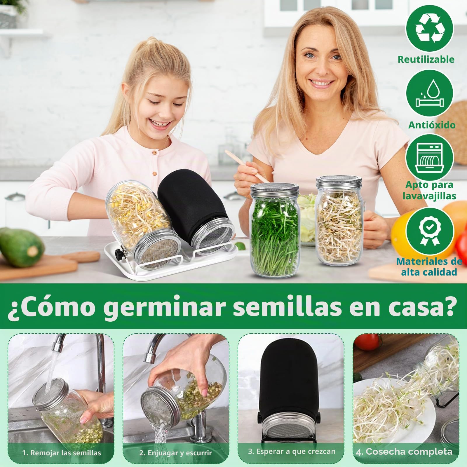 Kit de Tarros de Germinación Brote de Semilla, con 2 1000ml Frascos de Vidrio, 2 Soporte, 1 Bandeja,2 Filtros de Acero Inoxidable, 2 Tela de Sombreado y Cepillo, Germinador de Semillas