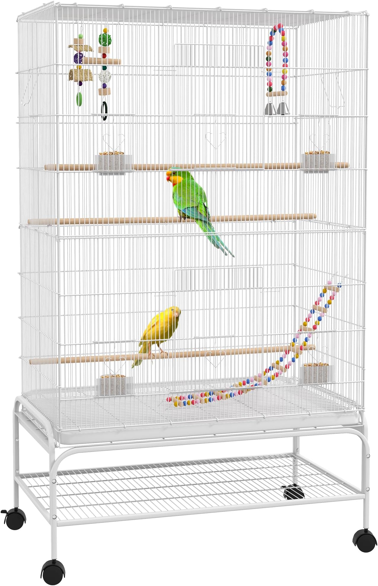 PawHut Large Bird Cage Budgie Cage with Stand, Toys, Wheels, Accessories, Storage Shelf for Canaries, Finches, Lovebirds, Parakeets - White, 79 x 49 x 133 cm