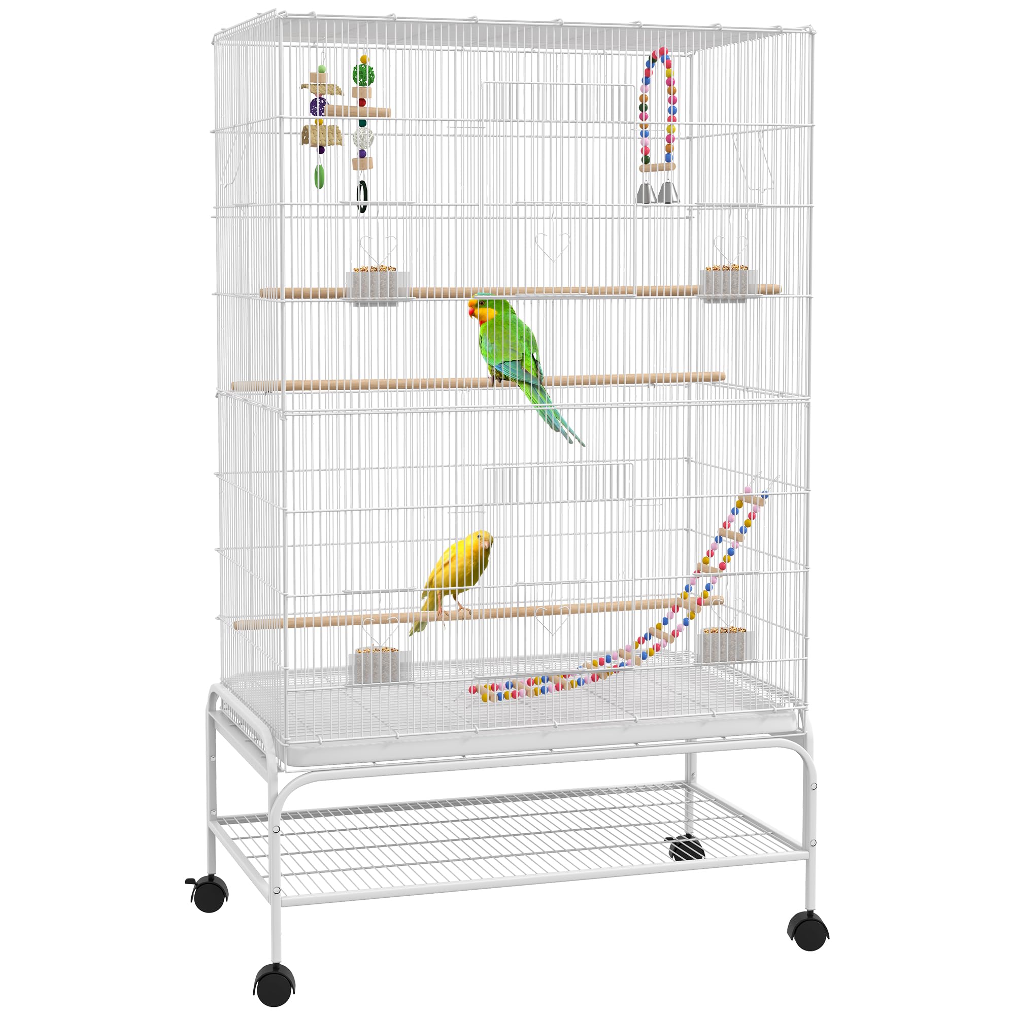 PawHutLarge Bird Cage Budgie Cage with Stand, Toys, Wheels, Accessories, Storage Shelf for Canaries, Finches, Lovebirds, Parakeets - White, 79 x 49 x 133 cm