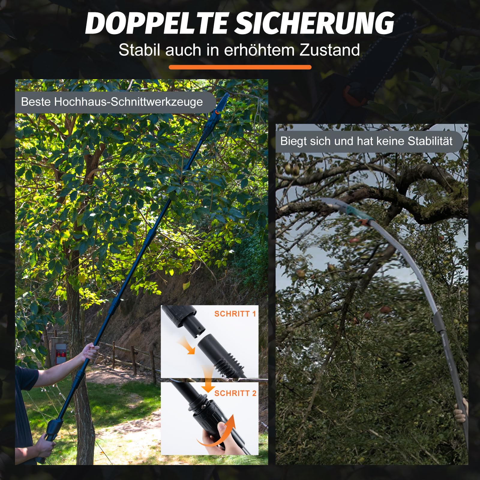 CHANGEMOORE Akku-Hochentaster 21 V, 15 cm Schwertlänge, 10 m/s Kettengeschwindigkeit, 3,6 kg, 2 Ketten, 1,68m Stange, inkl. 2 Akkus & Ladegerät