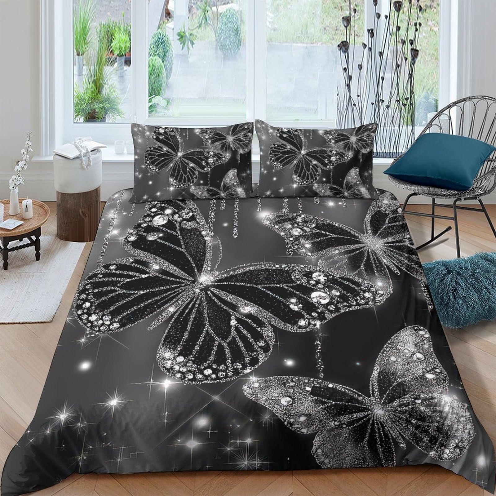 TUFRTGYHN 3D Printed Black Butterfly Duvet Cover Microfiber Soft Breathable Sparkling Night Bedding Set with 2 Pillowcases for Bedroom Decor Single（135x200cm）