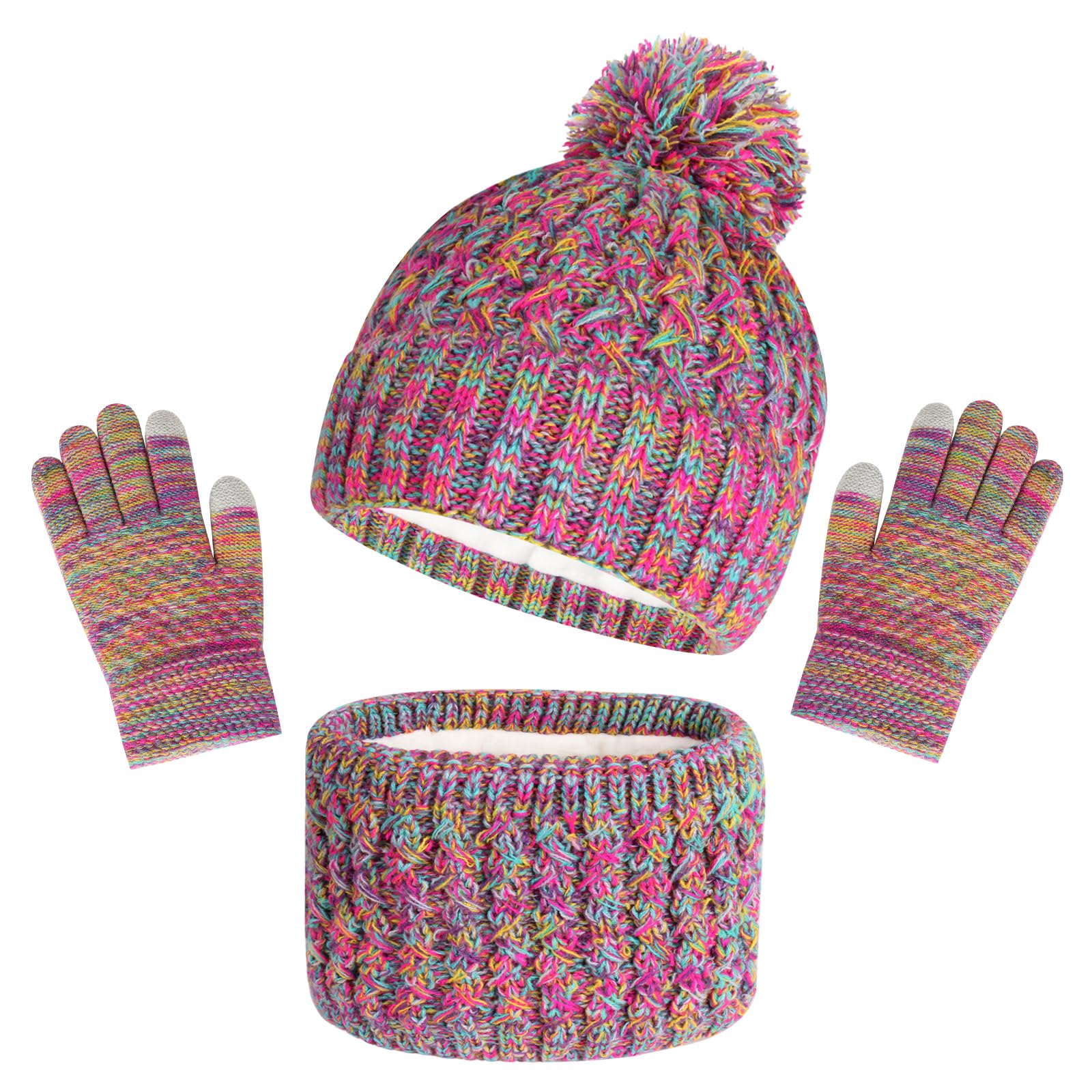 Kids Winter Beanie Hat Scarf Touchscreen Gloves Set, Fleece Lining Boys Girls Winter Hat Neck Warmer Gloves for 1-6 Years