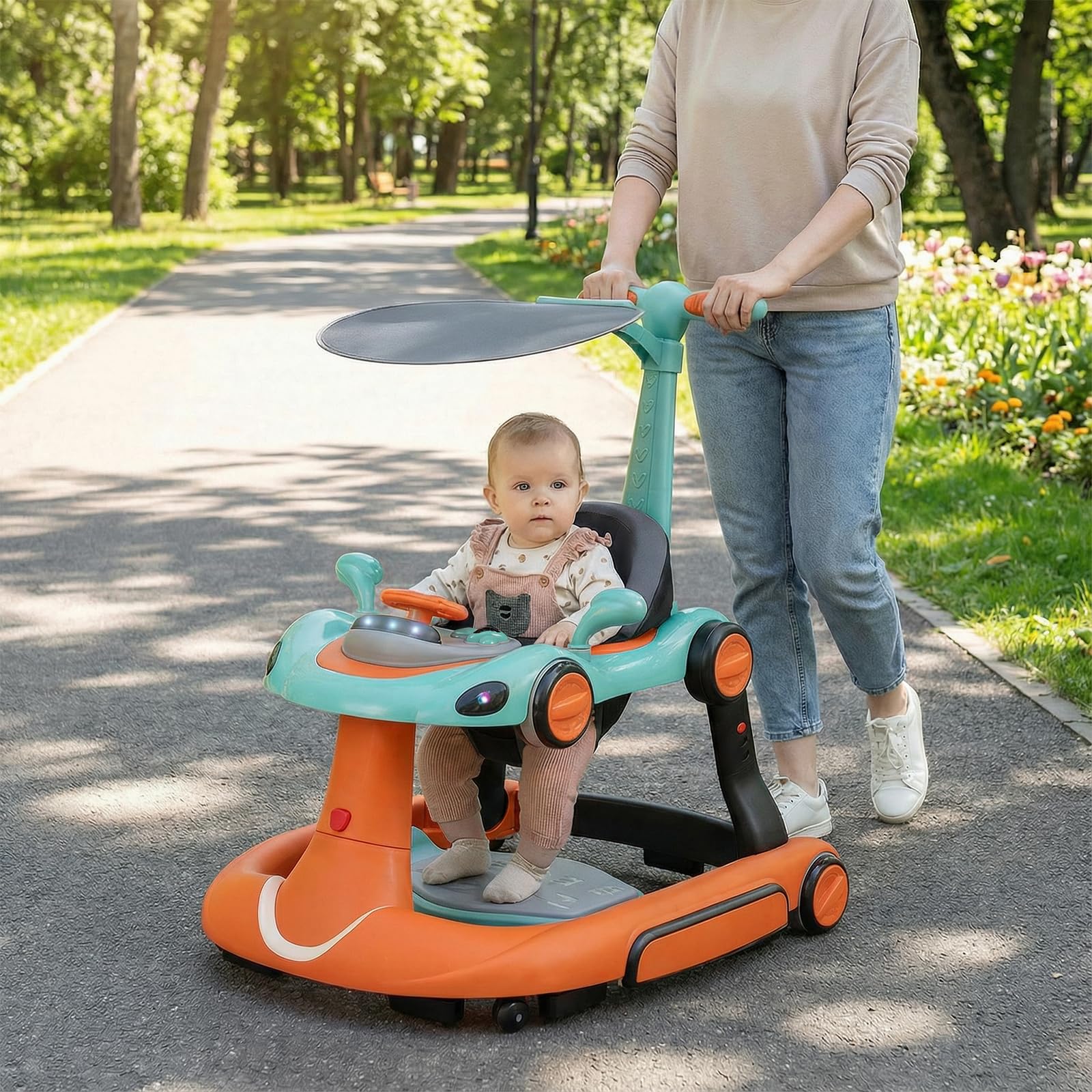 LIFEZEAL 6 in 1 girello per bambini con tettuccio, Girello Trasformabile, Pieghevole, altezza e velocità regolabili, Baby Walker con luce, musica, Portata 12 kg, per Bambini 7-18 Mesi (arancione)