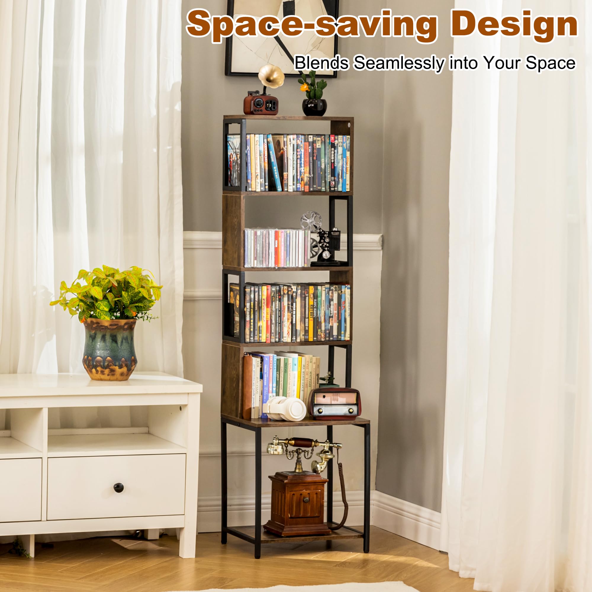 Aquzee Scaffale portaoggetti per CD, 4 ripiani, in legno, per DVD, CD, con divisori regolabili, organizer per media, espositori per CD, DVD, Blu Ray, videogiochi, libri