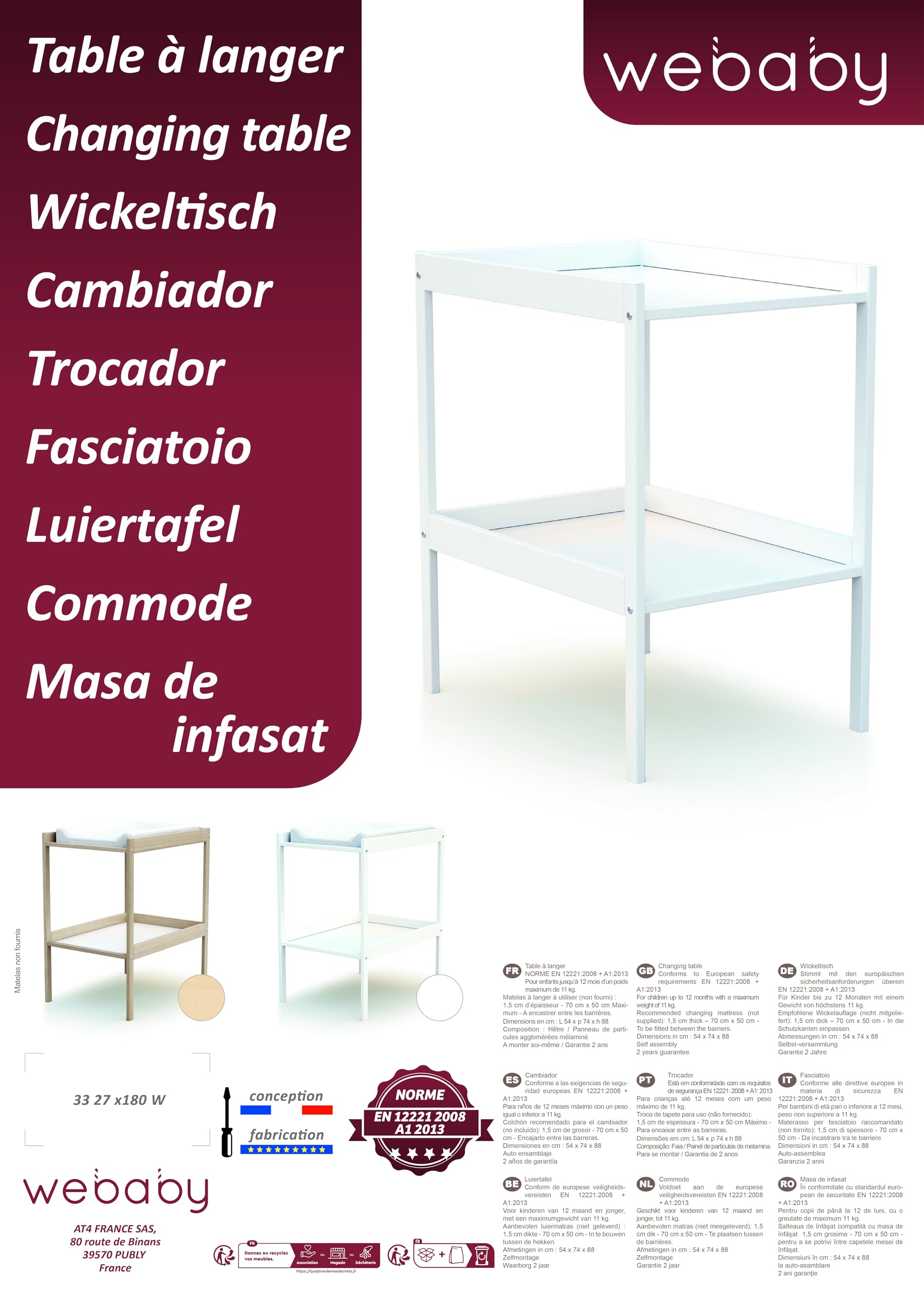 WEBABY - Cambiador madera con 1 estante Haya bruto
