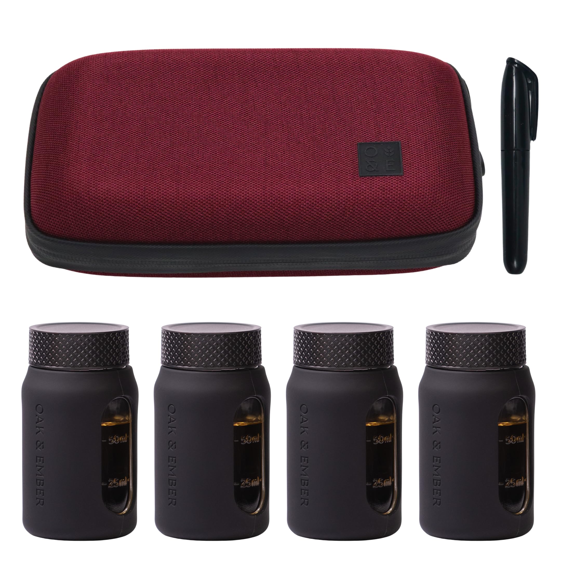 Oak & Ember Flight Flask Traveller II – Whisky Travel Set with 4 x 100ml Glass Flasks, Marker Pen & Water-Resistant Carry Case – Tasting Kit, Distillery Tour Accessory & Gift