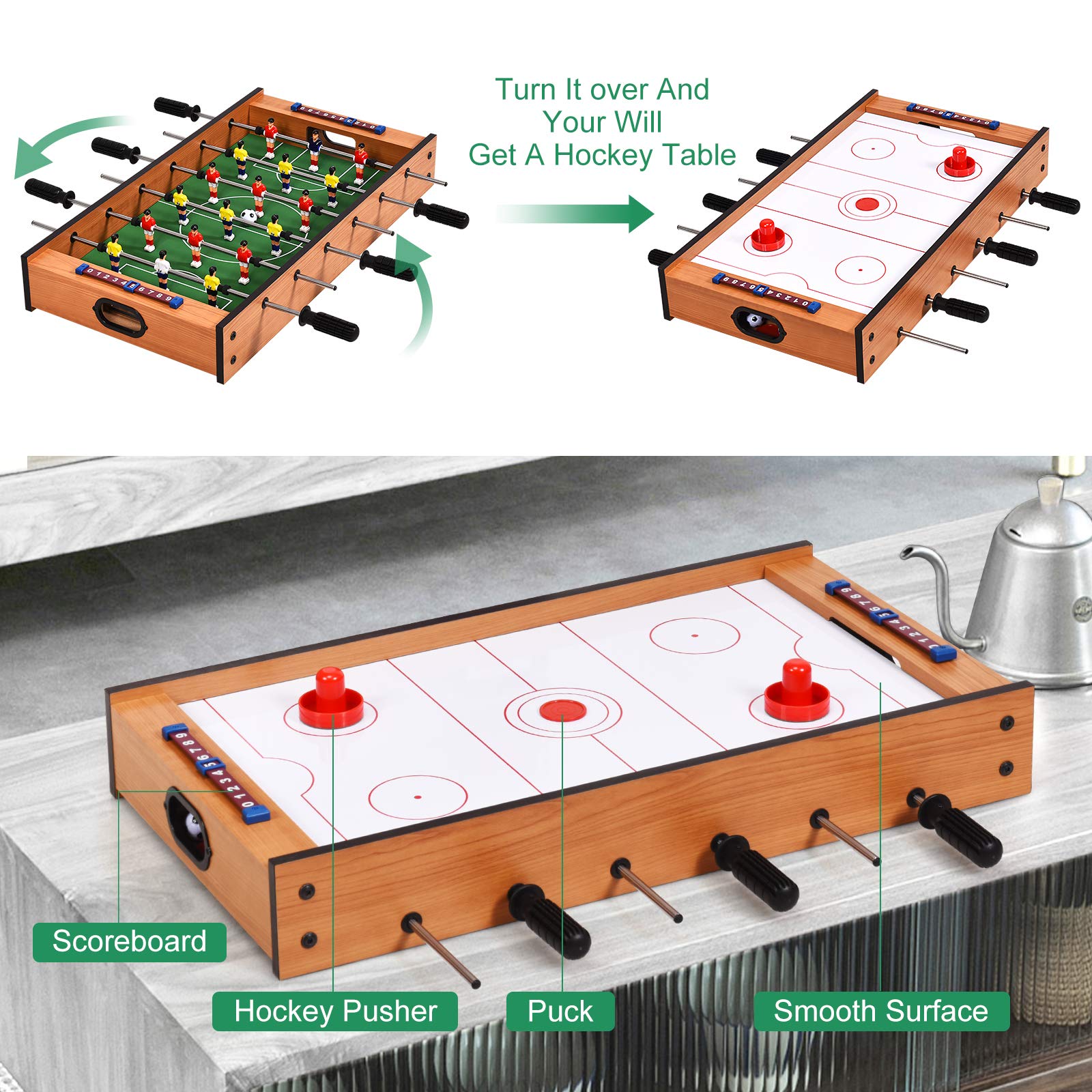 RELAX4LIFE 2 en 1 Mesa de Futbolín y Air Hockey con 2 Pelotas, 2 Discos, 2 Empujadores, 6 Asas, 18 Jugadores y 2 Marcadores, Futbolín para Niños y Adultos, Juegos de Mesa para Bar y Salón, 69x36x10cm