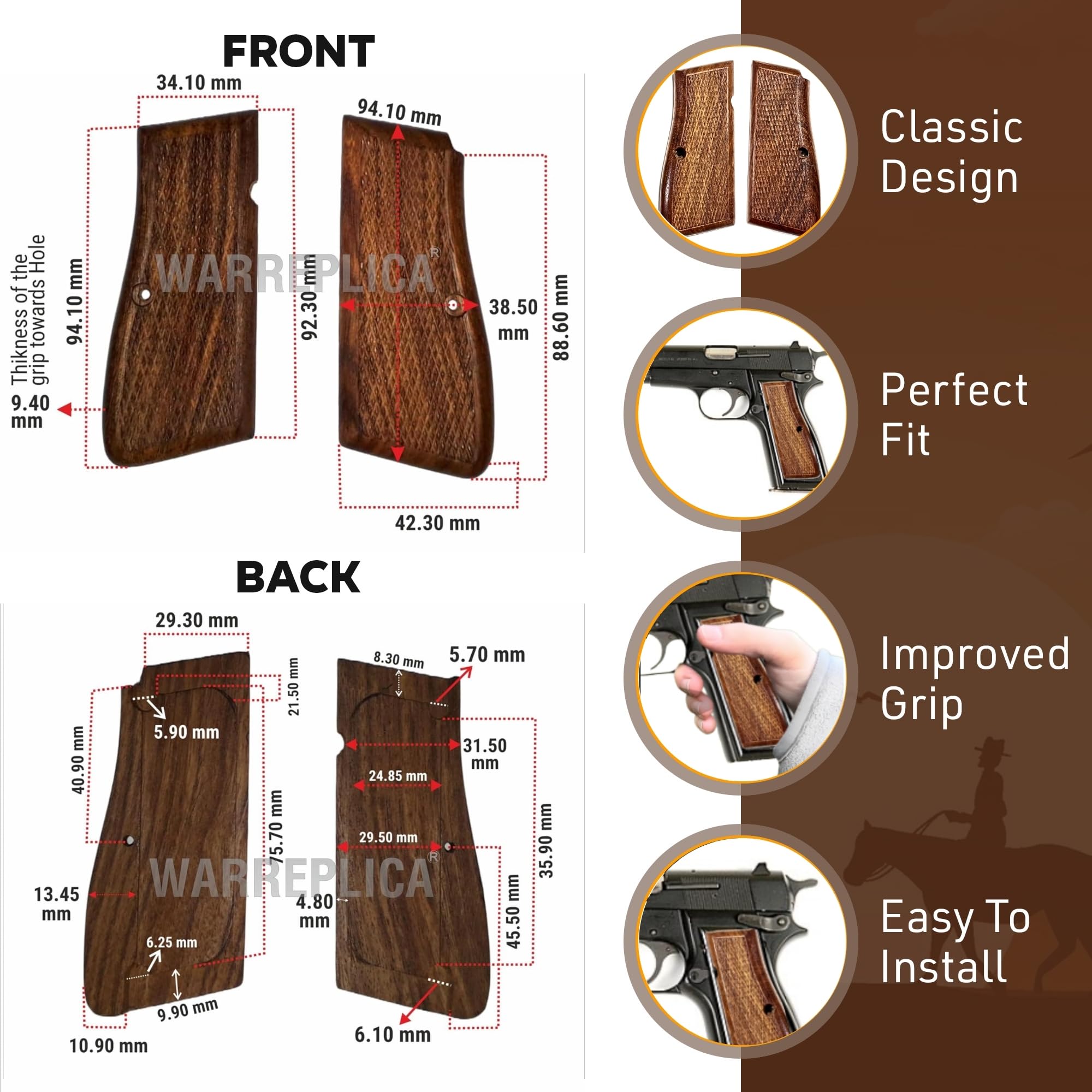 Nachbildungen Deutscher Browning High Power Griffe aus dem Ersten und Zweiten Weltkrieg, Browning Hi Power Holzgriffe, HP 14 Griffe, Browning Hi Power Cachas-Empuñadura, Griff (Original)