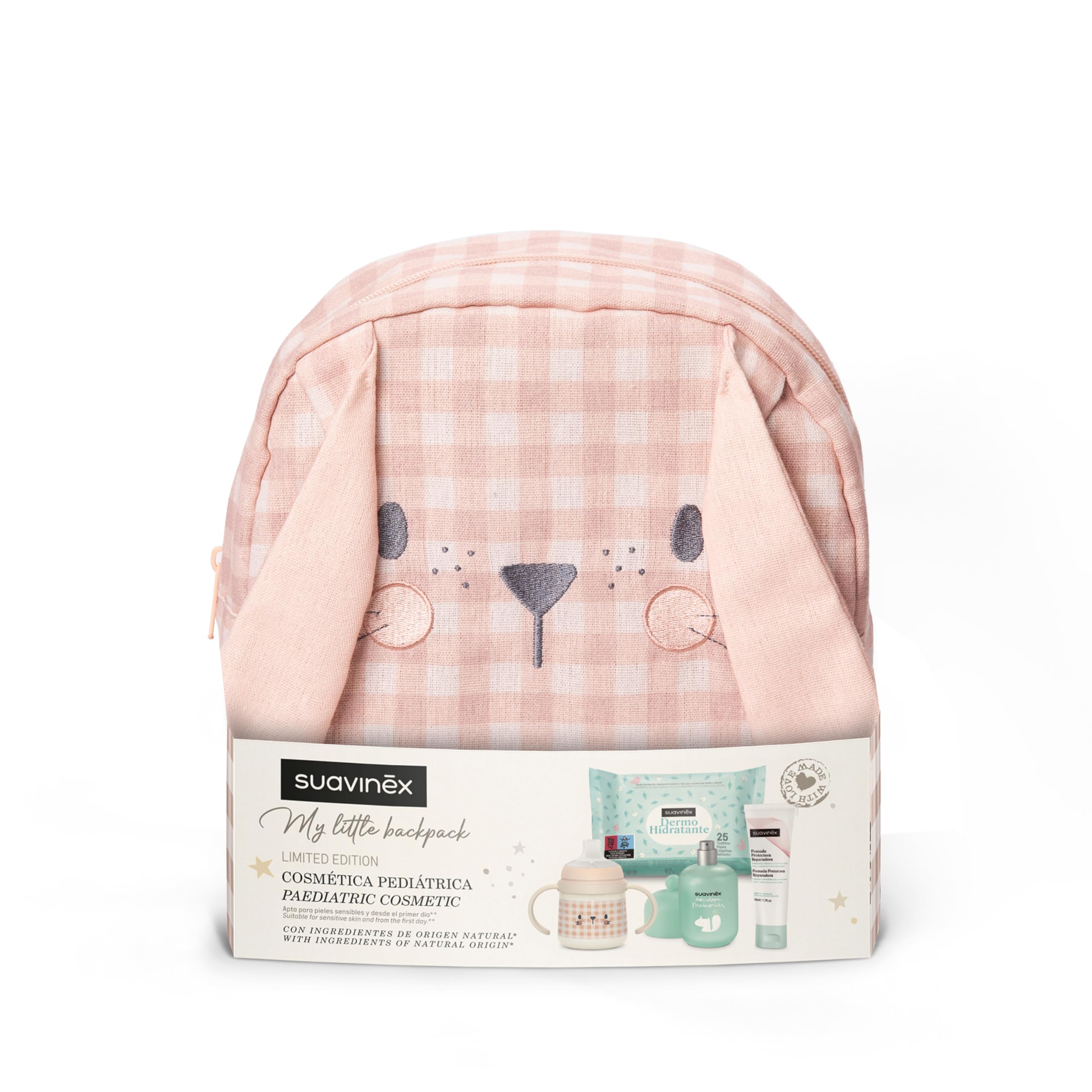 Suavinex, Mochila Guardería para Bebés, Canastilla - Regalo para Bebé con: Baby Cologne Memories 100 ml + Crema Pañal 50 ml + Pack 25 Toallitas Dermohidratantes + Taza de Aprendizaje, Conejo, Rosa