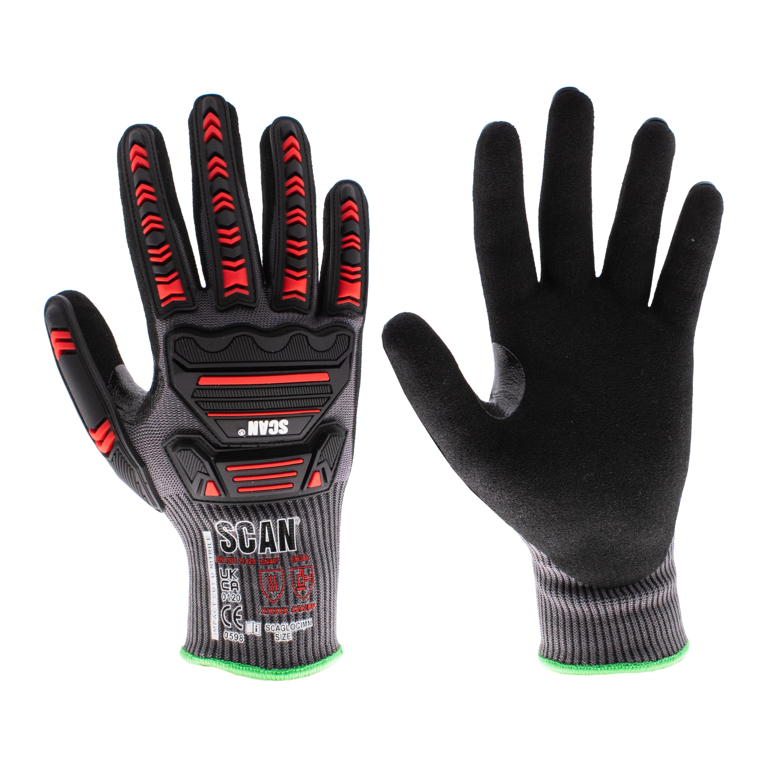 Scan Impact Cut Resistant Level D Gloves, Nitrile Palm, Enhanced Grip, Conforms to EN 407 and EN 388, Size L