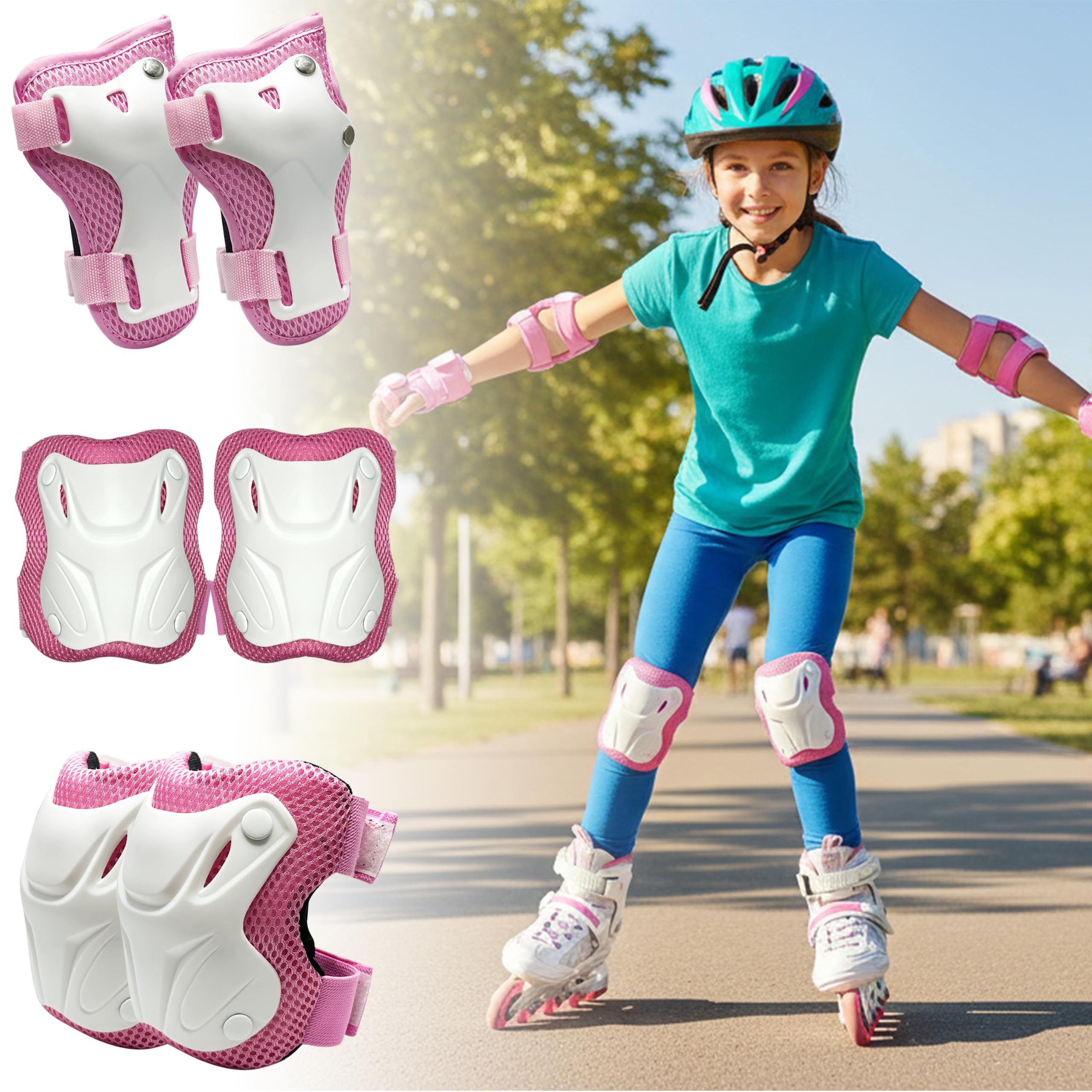 Juego de equipo de protección para niños y jóvenes, incluye rodilleras, muñequeras y coderas, juego de equipo de protección para patinaje, ciclismo, patinaje, patineta, color rosa y talla M