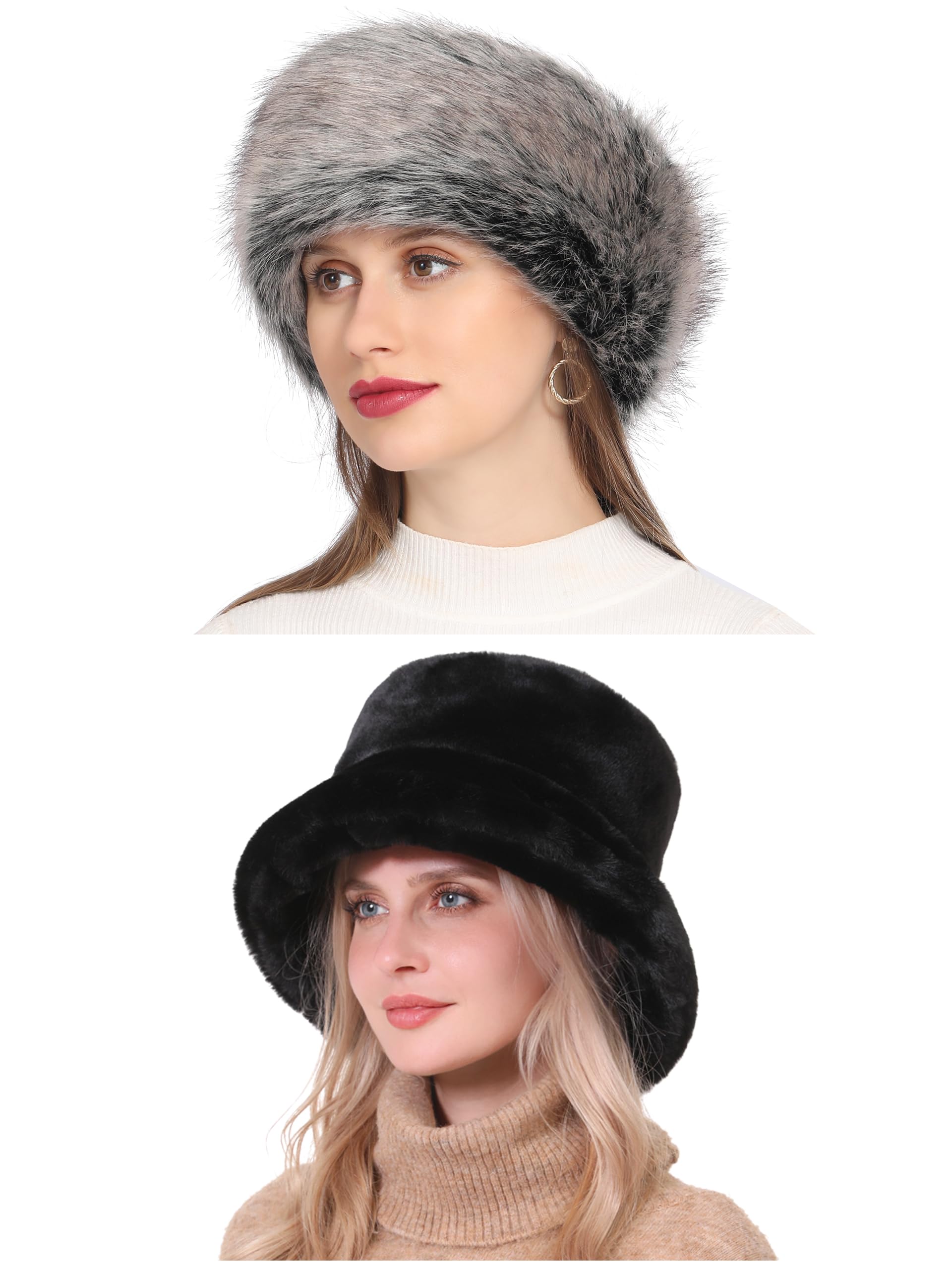 Women's Faux Fur Bucket Hats and Headband for Cold Weather
