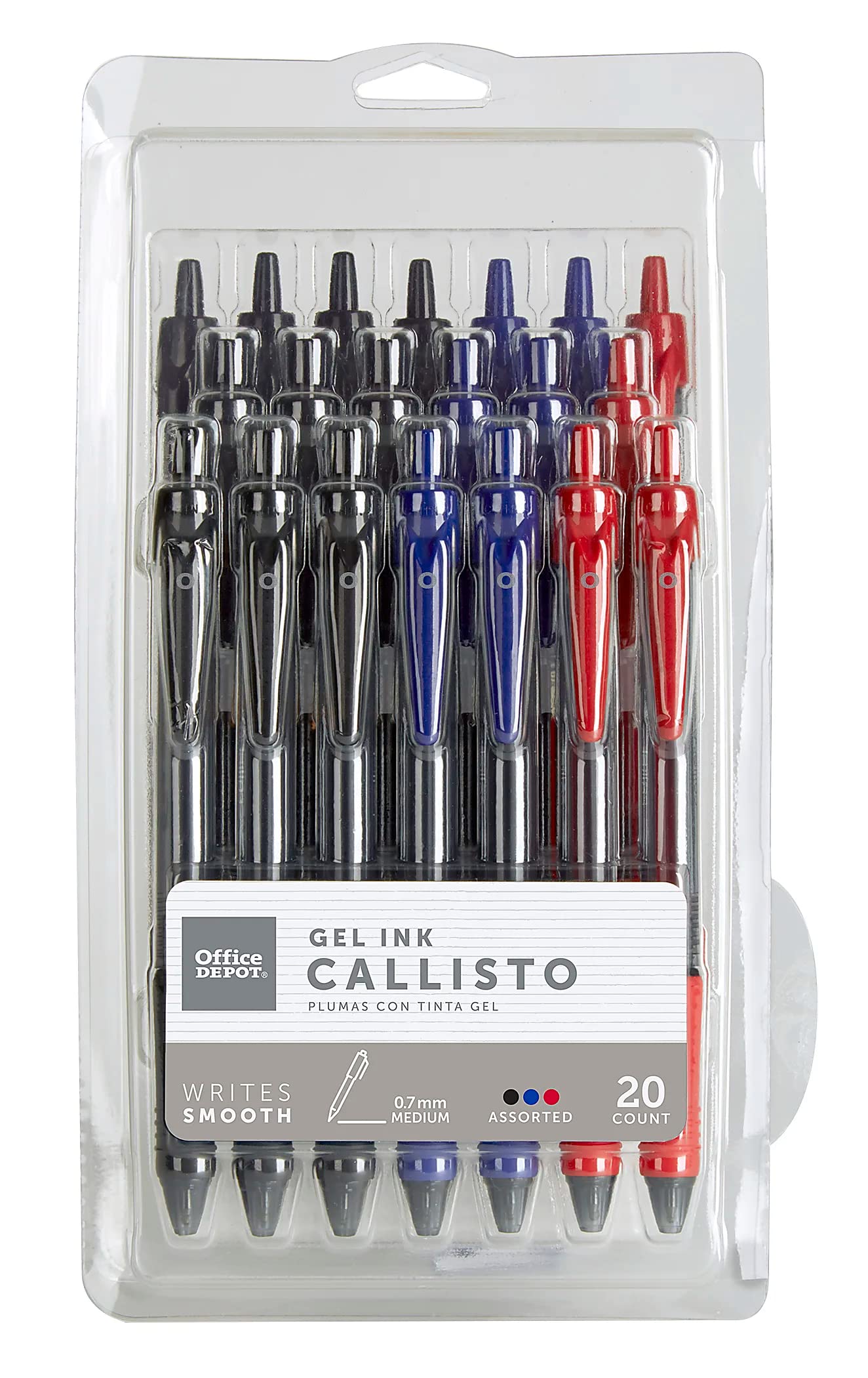 Office Depot Callisto Retractable Gel Ink Pens, Medium Point, 0.7 mm, Visible Ink Supply, Assorted Classic Ink Colors, Pack Of 20
