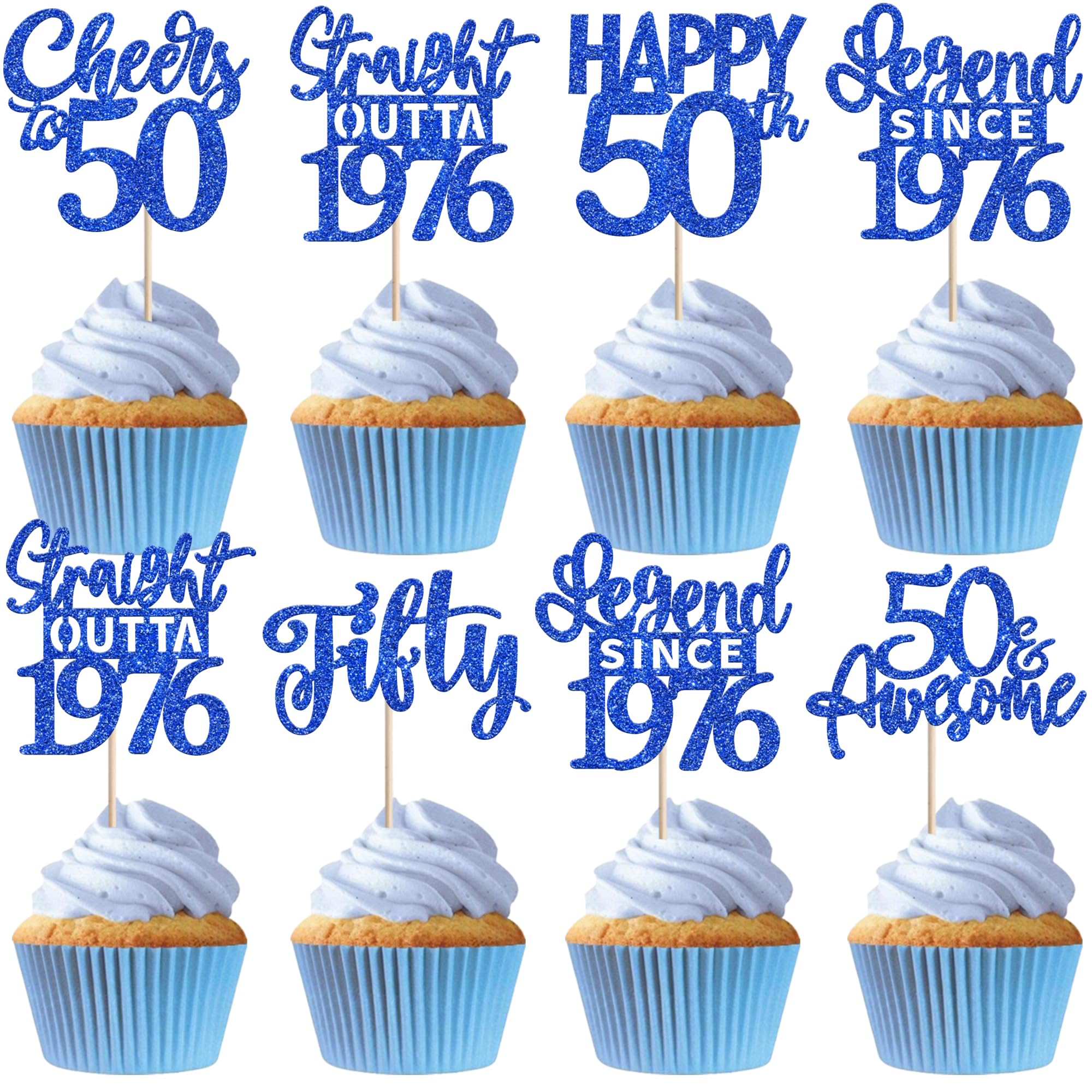 24PCS Blue Happy 50th Birthday Cupcake Toppers Fifty Straight Outta 1976 Cupcake Picks Cheers to 50 Lengend Since 1976 Cake Decorations for 50th