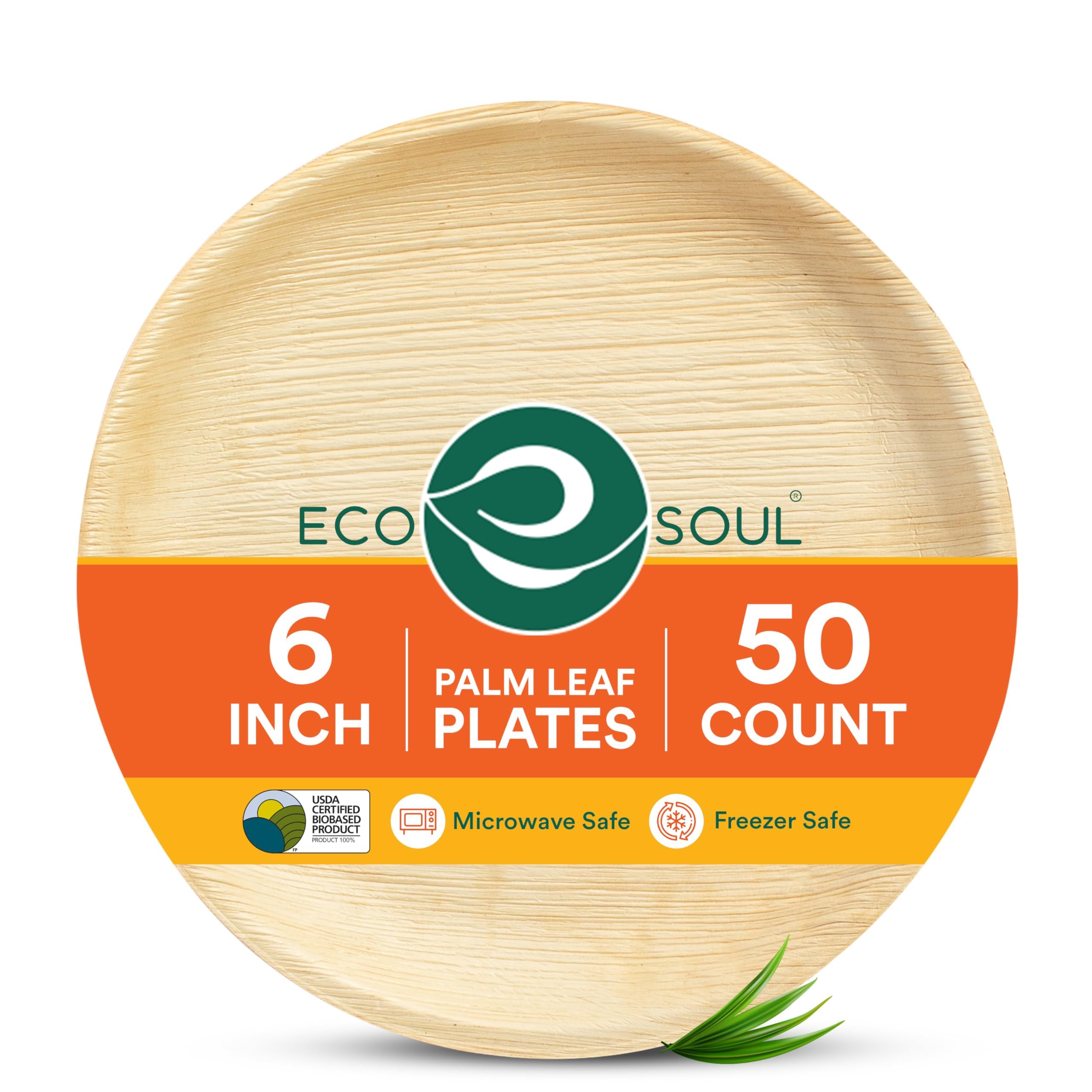 ECO SOUL [6 inch, 50-Pack Areca Palm Leaf Round Plates Disposable Eco-Friendly Biodegradable Like Bamboo Wood Plates Party, Wedding, Event Plates (15 cm)