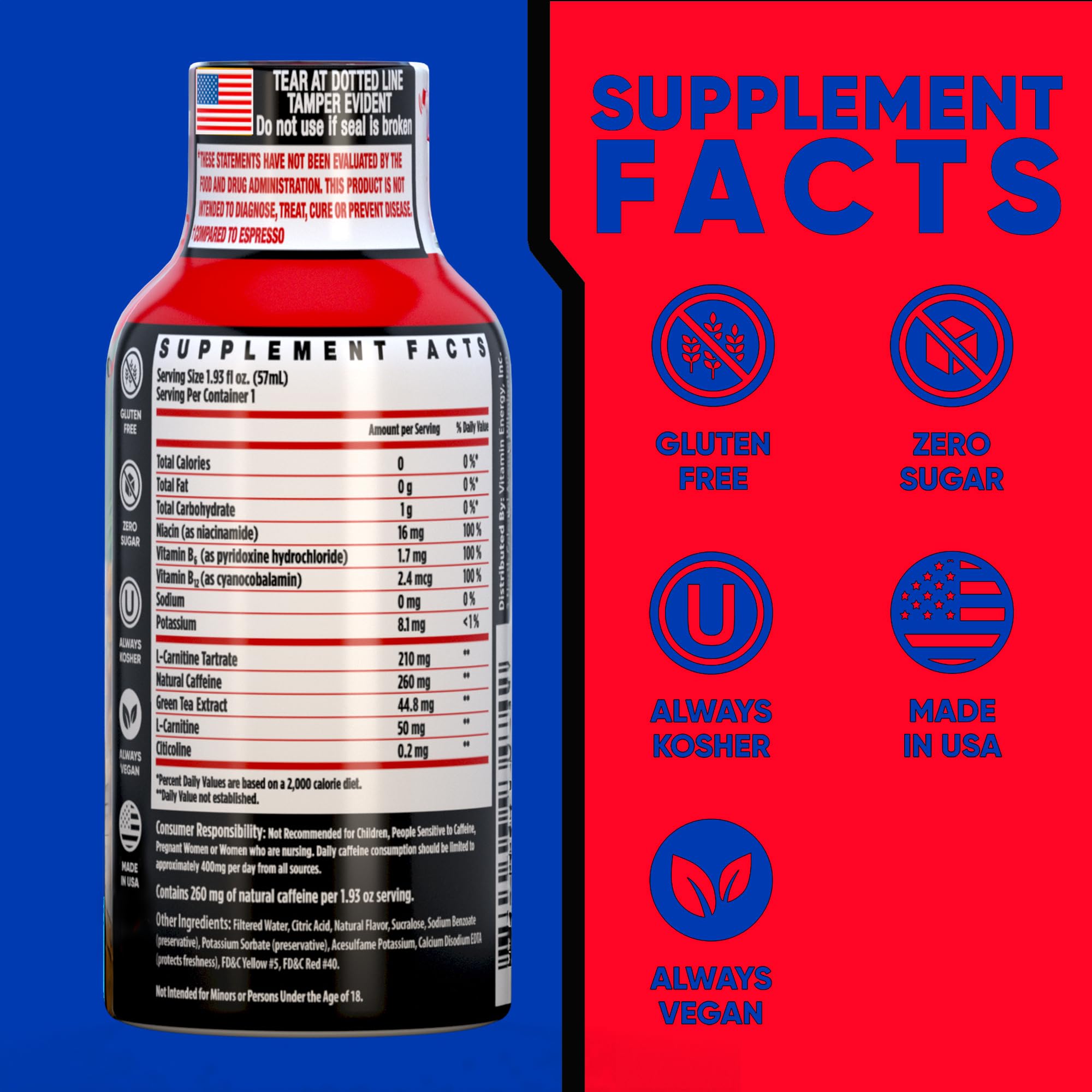 Vitamin Energy Fruit Punch Extra Strength Energy Shot, 12 Pack - Up to 7 Hrs, 260mg Natural Caffeine, Zero Sugar - Green Tea Extract, Immune Support, B12 B6 Niacin, 1.93 fl oz, Keto Vegan — Amazon image 2