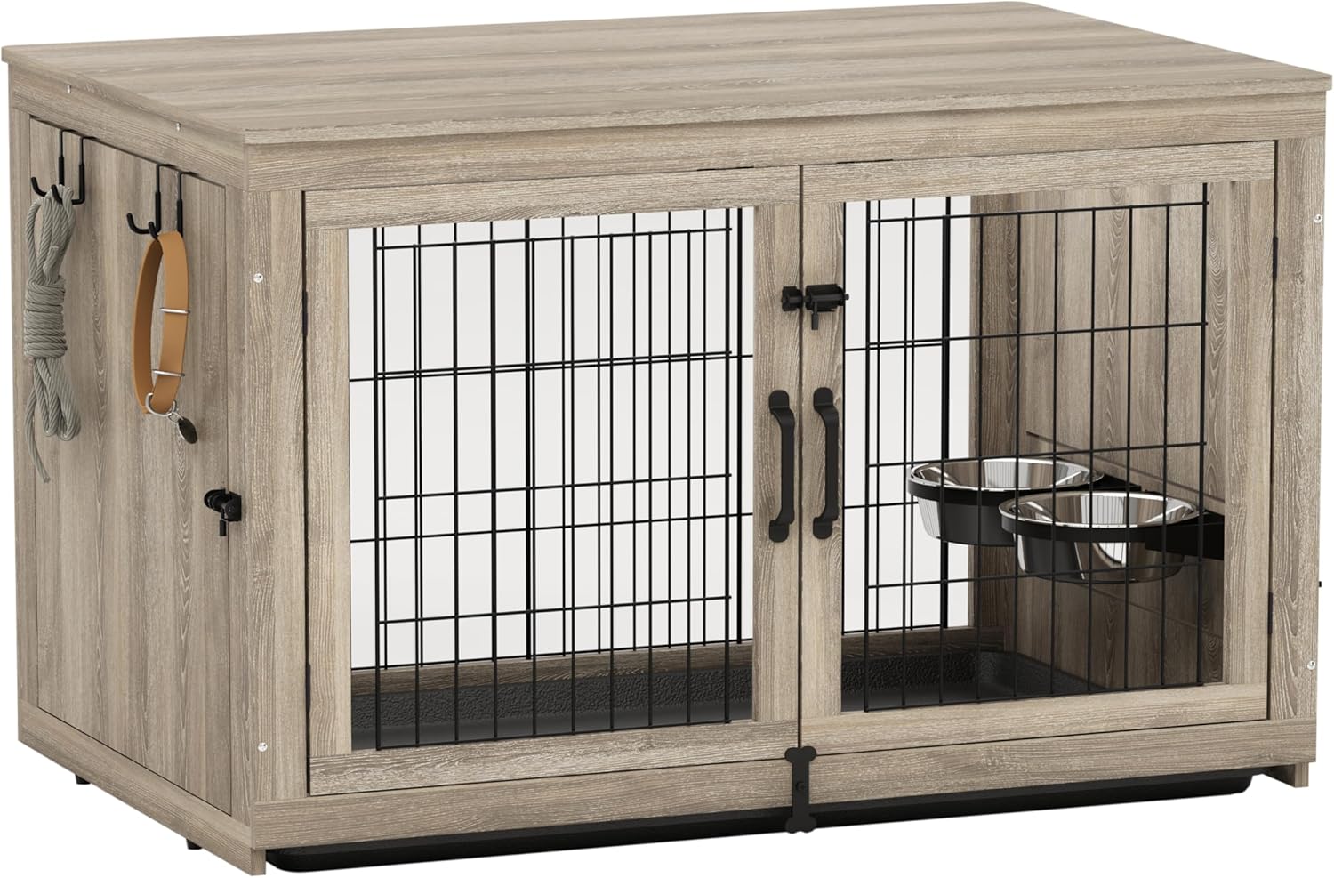 Piskyet Wooden Dog Crate Furniture with 360°Rotatable Removable Dog Bowls, Dog Crate End Table with Tray, Double Doors Dog Kennels for Dogs(XL:43.2" L*28.6" W*30.3" H, Gray) 43.2"L*28.6"W*30.3"H Gray