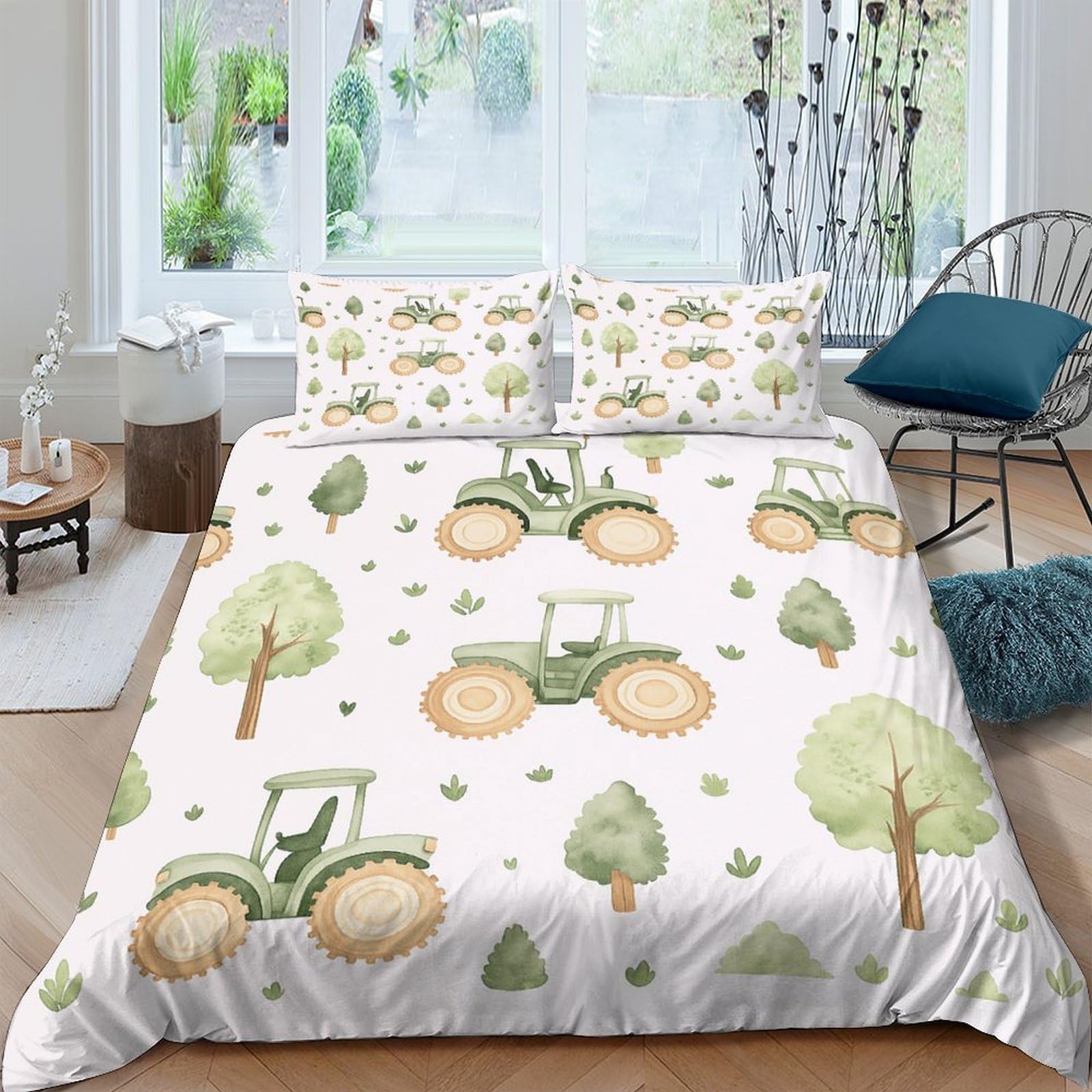 Ctjqhvkz Style-1 3D Printed Green Tractor Fitted Sheet Microfiber Soft Farm Tree Mattress Cover For Bedroom Dorm Decor Easy Care Single（135X200cm）