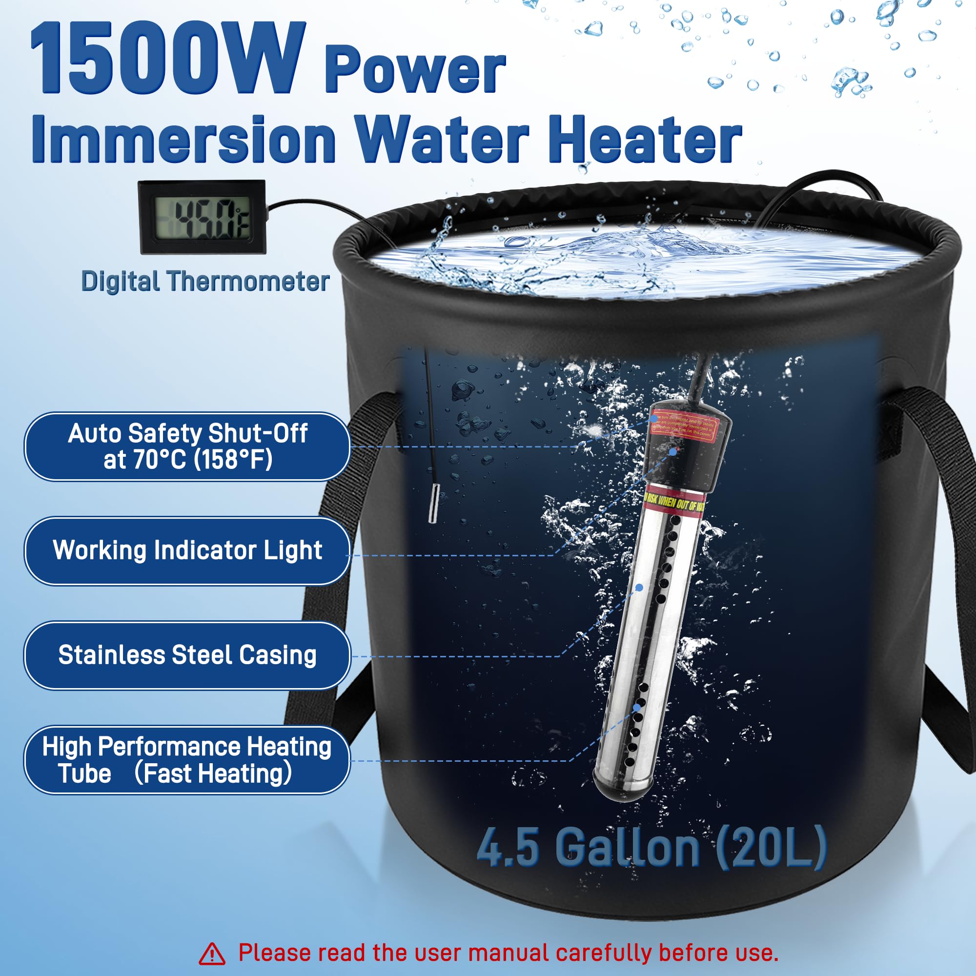 Tragbare Campingdusche mit Heizung, 6000 mAh wiederaufladbare tragbare Duschpumpe, 1500 W Warmwasser-Campingdusche mit 20 l Eimer, LED-Temperaturanzeige für Camping, Wandern, Wohnmobil