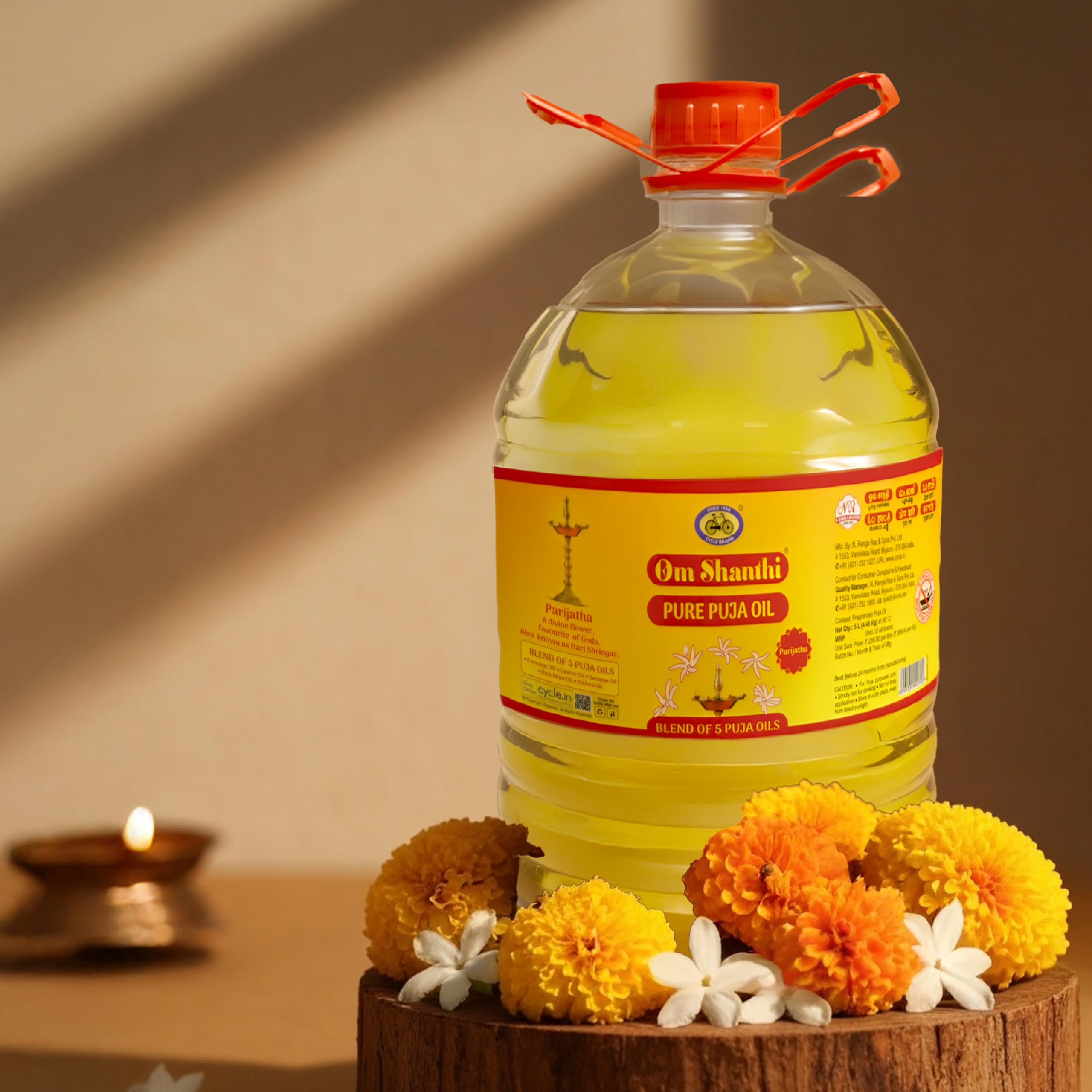 Om Shanthi POOJA MADE PURE Cycle Oil | Festivals, Havan | Blend of 5 Puja Oils with Parijatha Fragrance | Daily Puja Items | Puja Lamp Oil | 5 Litres