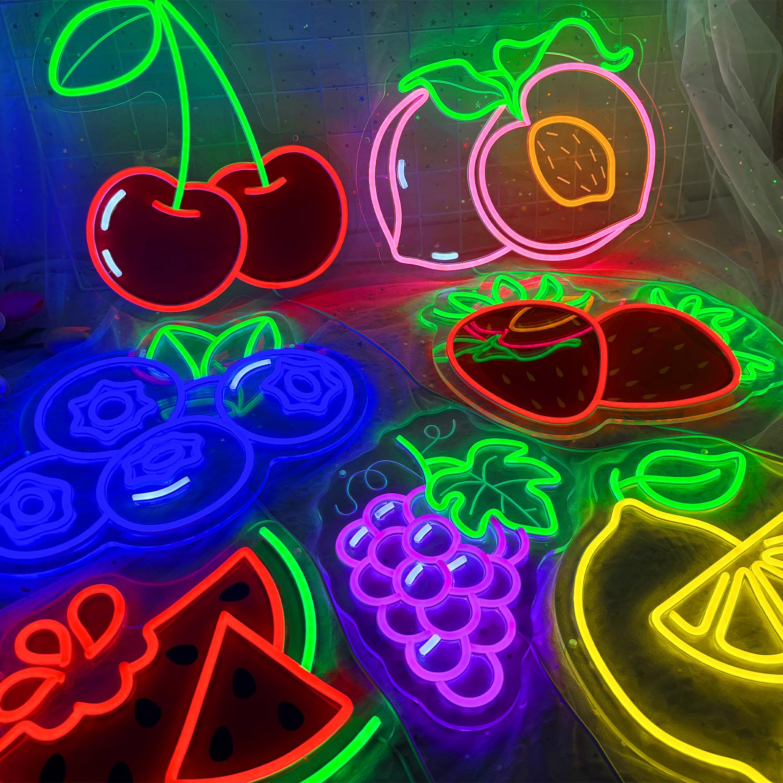 Insegna al neon a forma di ciliegia, decorazione da parete, dimmerabile, con stampa di frutta, luci al neon al neon a tema frutta vibrante per camera dei bambini, camera da letto, ristorante, bar