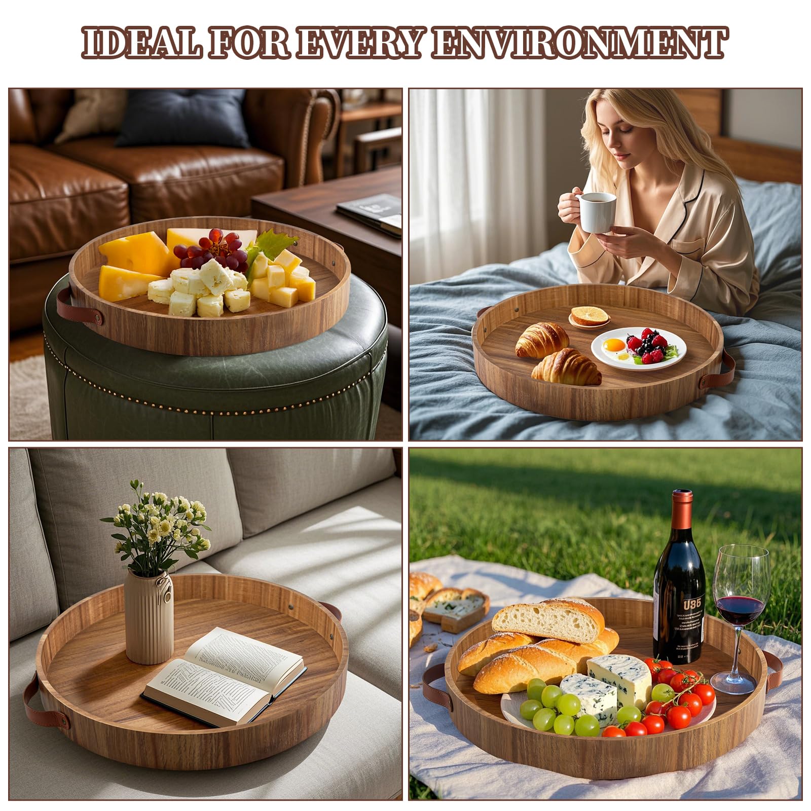 Bandeja otomana con asas, bandeja grande redonda de 20 pulgadas para servir de madera otomana, bandejas decorativas para sala de estar, bandejas de madera para mesa de café, cena, desayuno, aperitivos