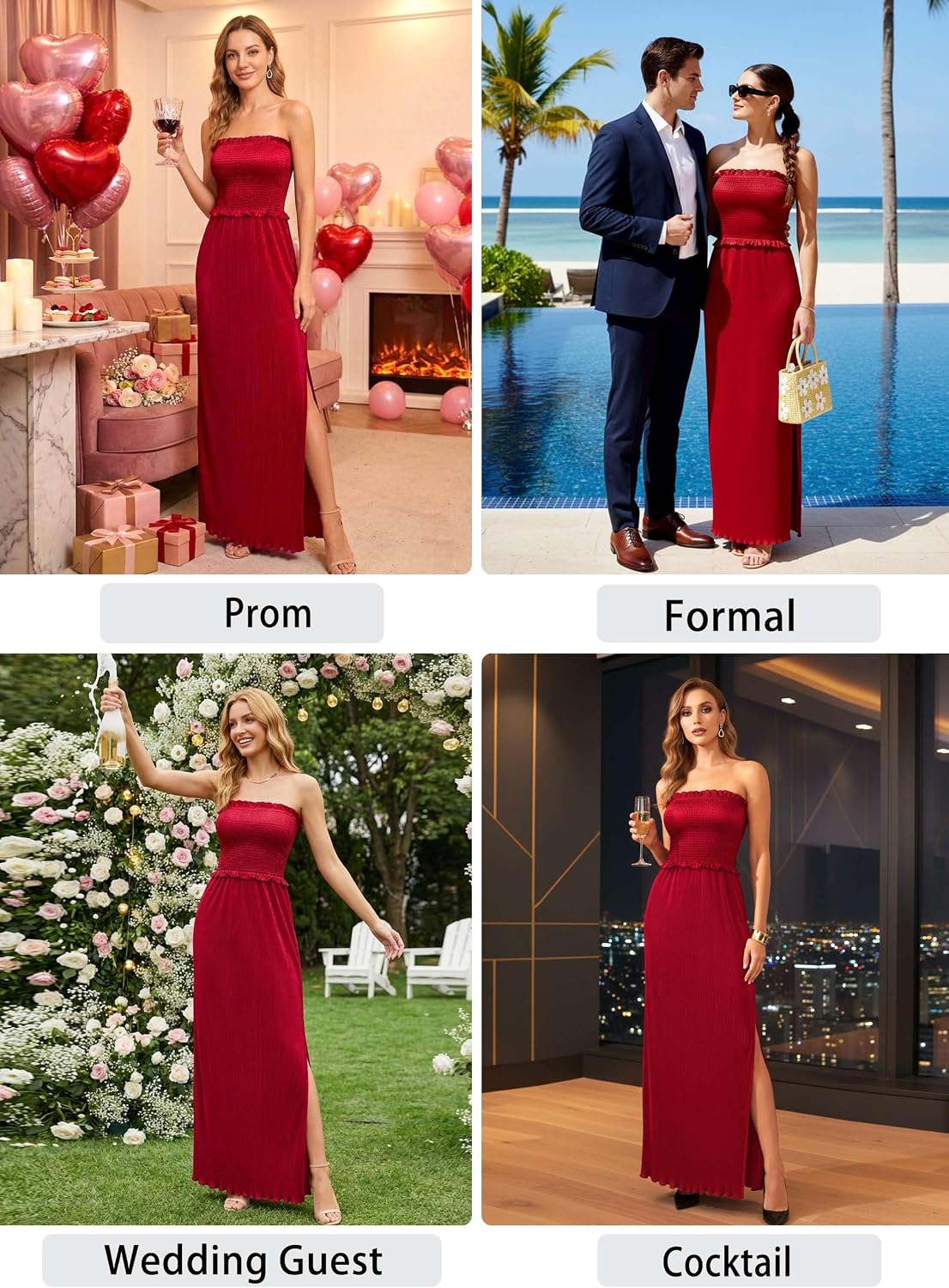 VFSHOW Womens Strapless Formal Prom Maxi Dress 2026 Pleated Smocked Ruffle Tube Wedding Guest Dresses Side Slit Evening Gown