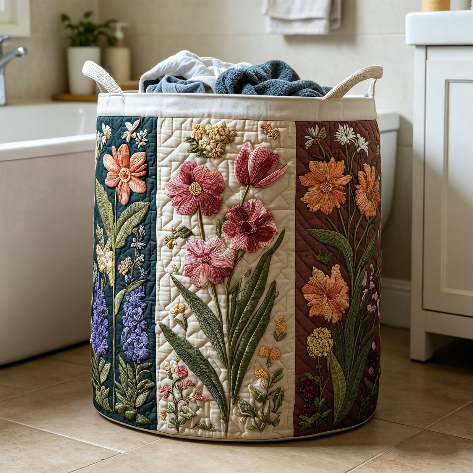 Cesto portabiancheria trapuntato con manici, cesto pieghevole per vestiti, giocattoli e articoli per la casa, in tessuto stile boho, ideale per l'organizzazione della casa