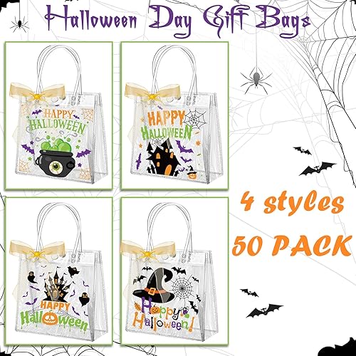 Miniatura 3 de Paterr 50 bolsas de regalo transparentes de Halloween, bolsas de regalo de plástico transparente con asa, 4 estilos, bolsas de regalo de Halloween