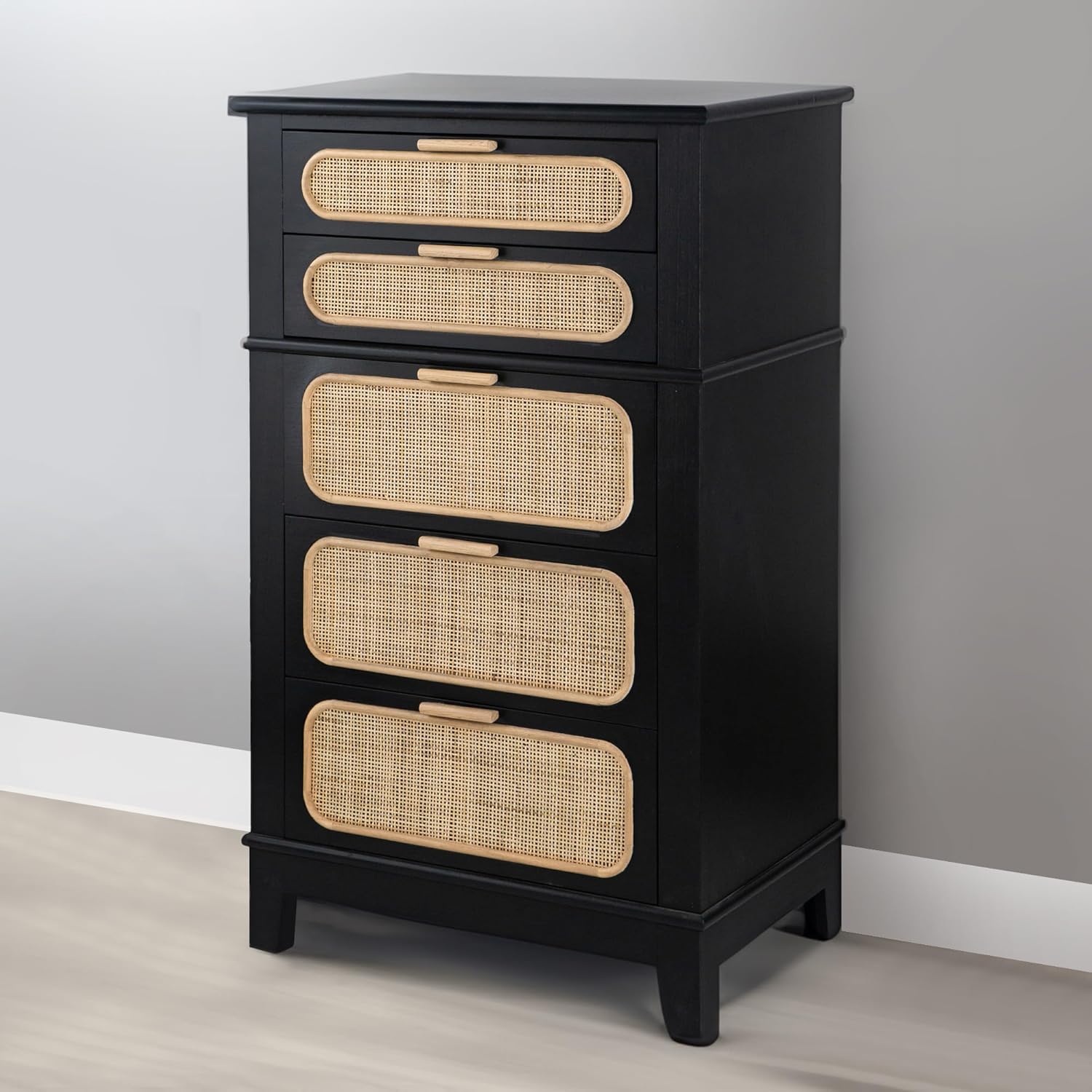 Elegant Black Pine & Rattan 5-Drawer Vertical Dresser