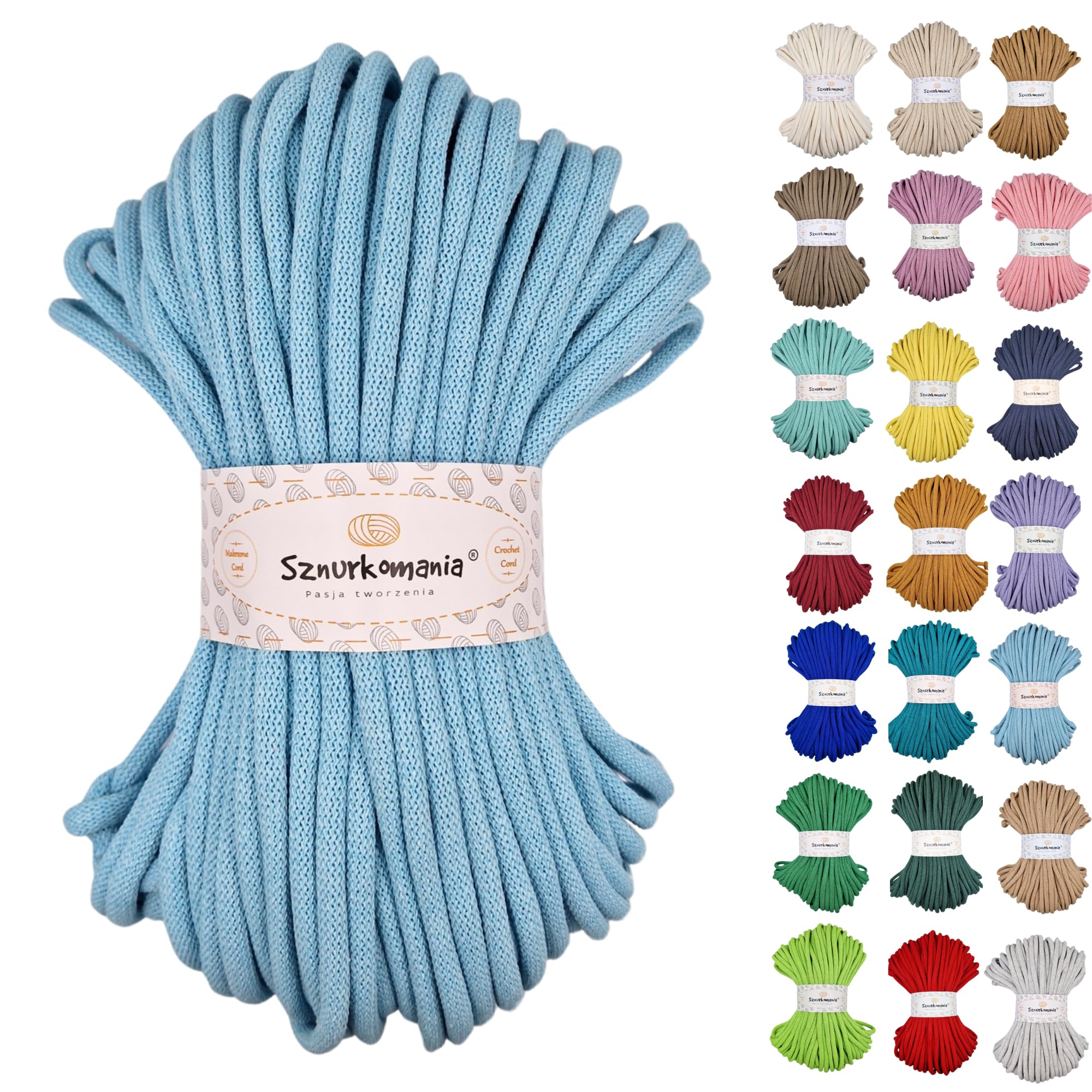 Sznurkomania, Cotton Cord 9mm 50m, Many Colors, Macrame Yarn, Cotton Yarn, Braided Cotton Cord 9mm with Core, Crochet Cord, Crocheted Bag (Light Blue)