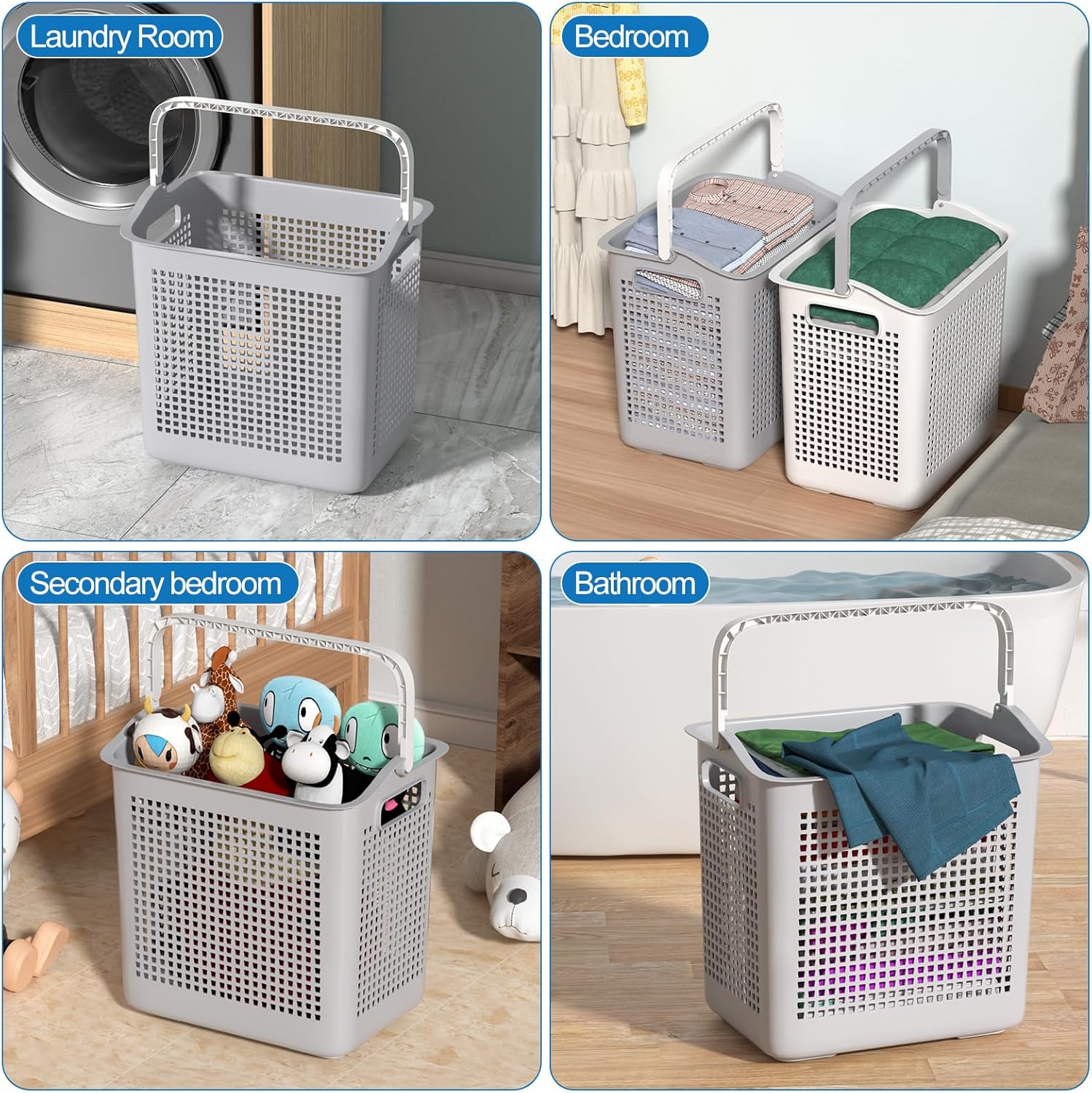 40L Plastic Clothes Hamper Bin w/Comfort Handles, Fashion Portable Laundry Basket in Bedroom, Laundry Room, 4-Pack(White)