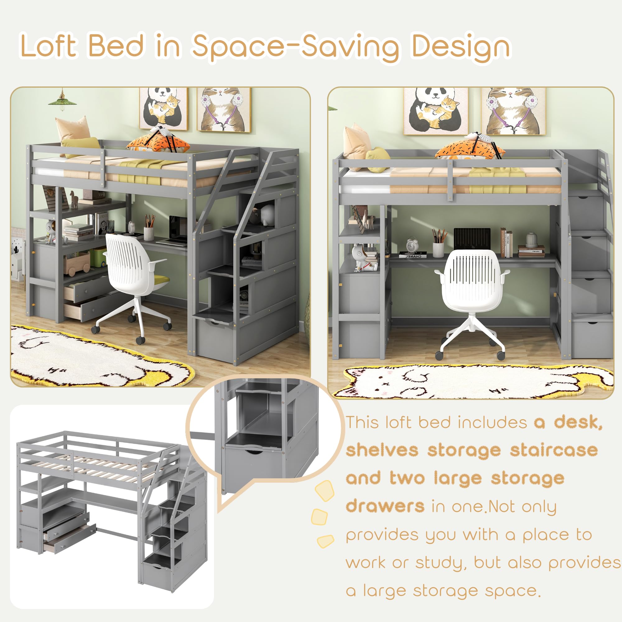 Twin Loft Bed with Stairs and Desk, Wood Loft Bed Frame with Storage Cabinet, High Loft Beds with Drawers & Shelf for Kids, Juniors, Teen, Boys, Girls, Gray