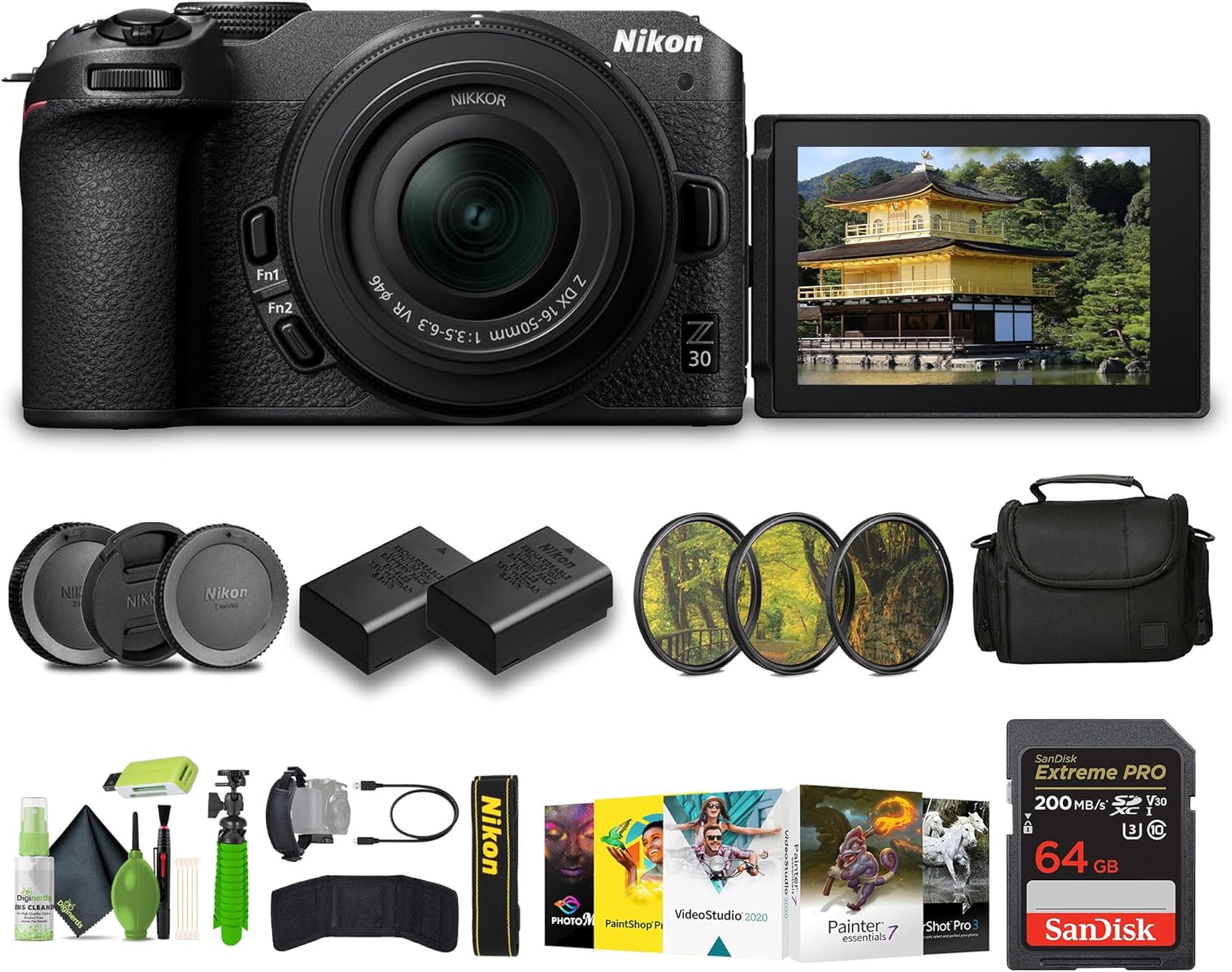 Nikon Z30 Lightweight Mirrorless Camera with 16-50mm Zoom Lens + ENEL25 Replacement Battery + Memory Card Wallet + Extreme PRO 64GB Card + Hand Strap + UV Lens Filter + Photo Editing Software + More