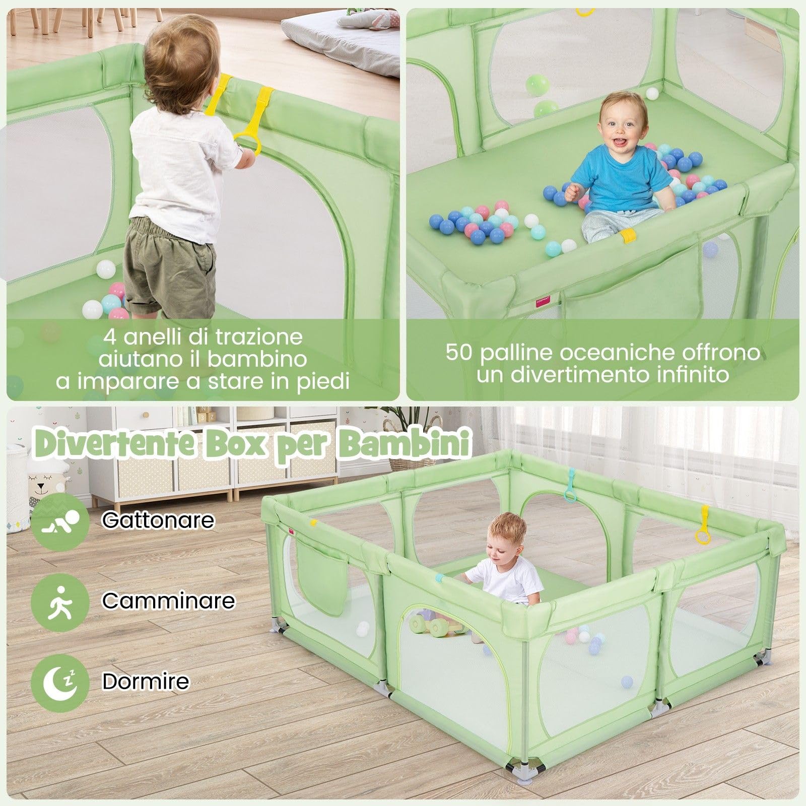 COSTWAY Recinto per Bambini, Box Pieghevole con Rete Traspirante, Centro Attività per Neonati con 50 Palline, Box Giochi per Bambini 0-3 Anni (Verde, 189 x 158 cm)
