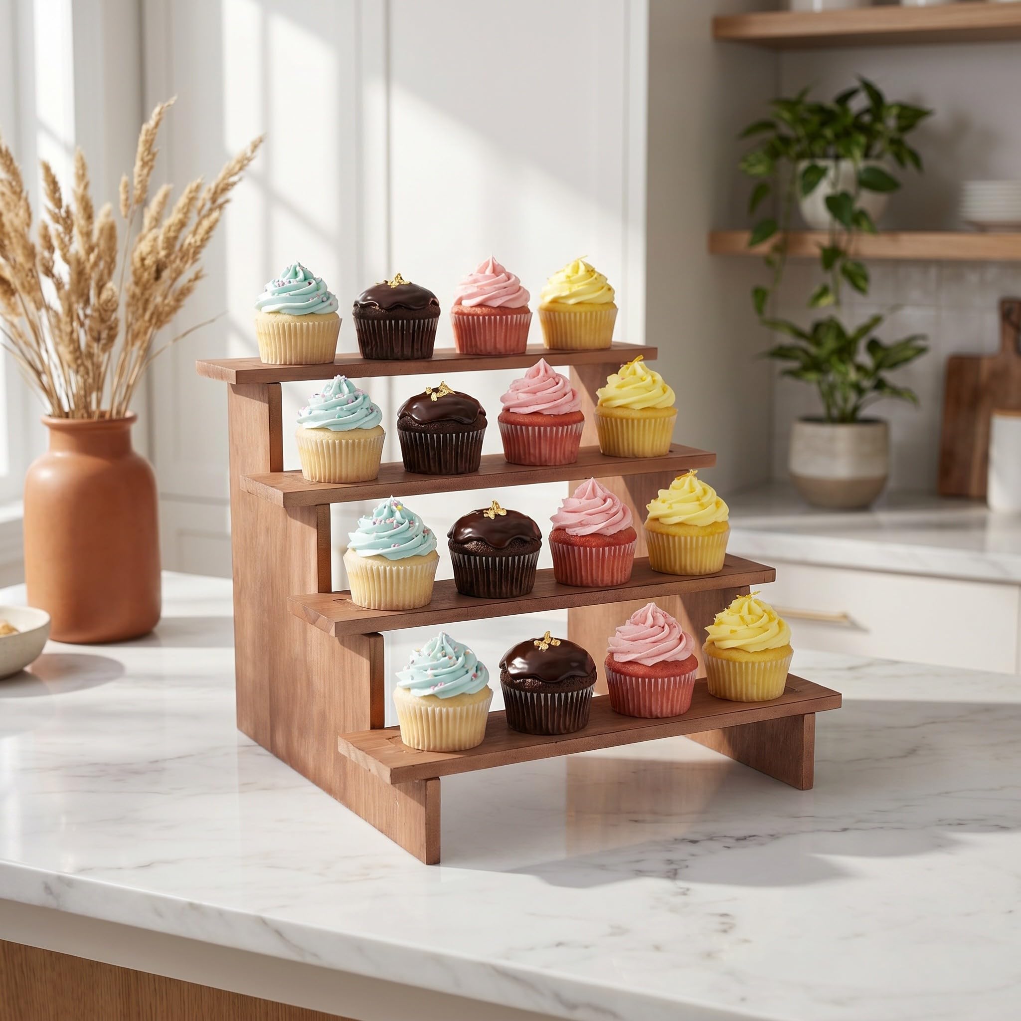 Operitacx 1 Set di supporti espositivi in ​​legno: supporto per cupcake e dessert a 4 ripiani in legno - Scaffale da tavolo per action figure, profumi, oggetti da collezione e allestimenti per negozi.