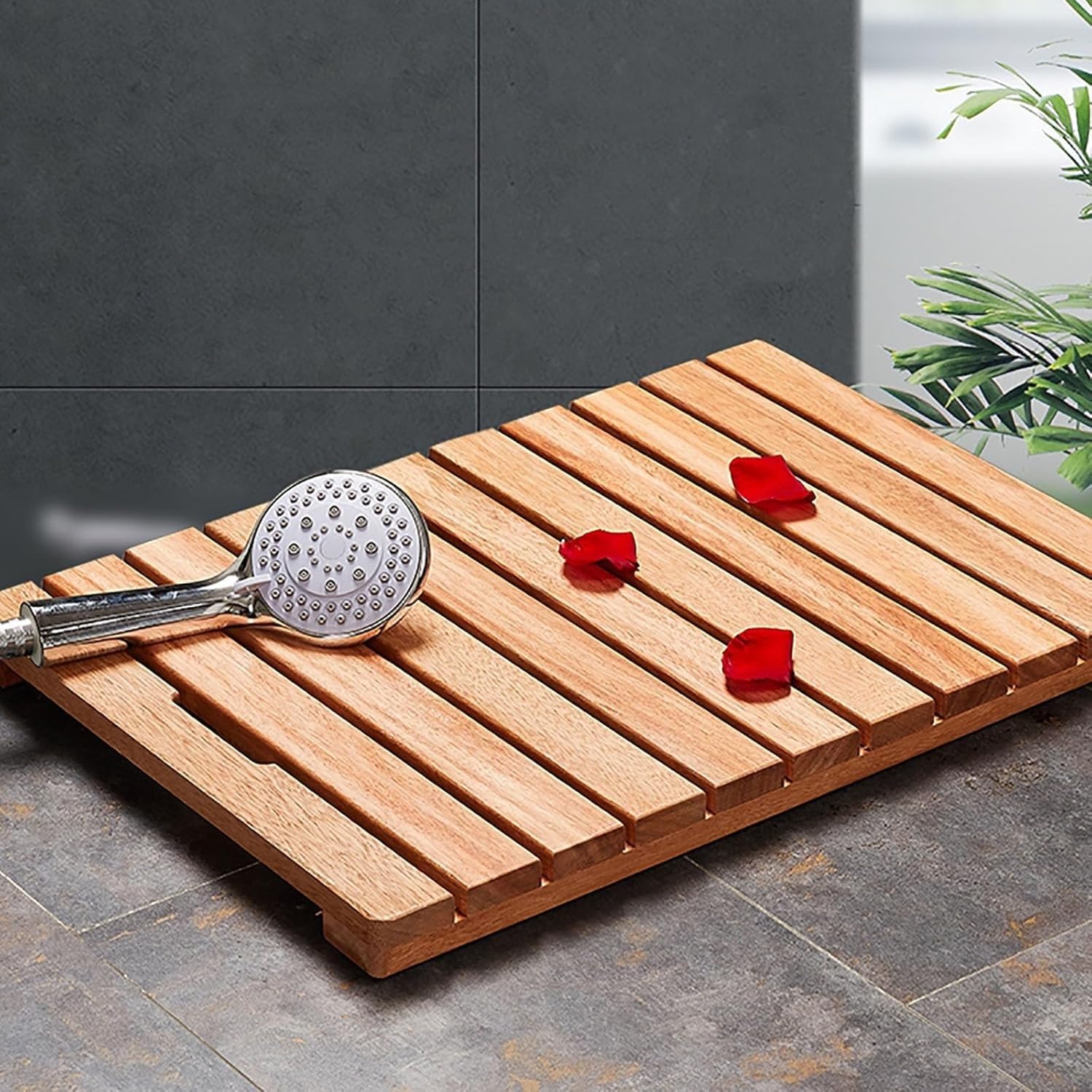 Grand tapis de sol de douche en teck 61 x 101,6 cm – Tapis de bain carré antidérapant avec trou de drainage pour spa, sauna, terrasse, camping-car, jacuzzi – Durable, élégant et résistant à l'eau