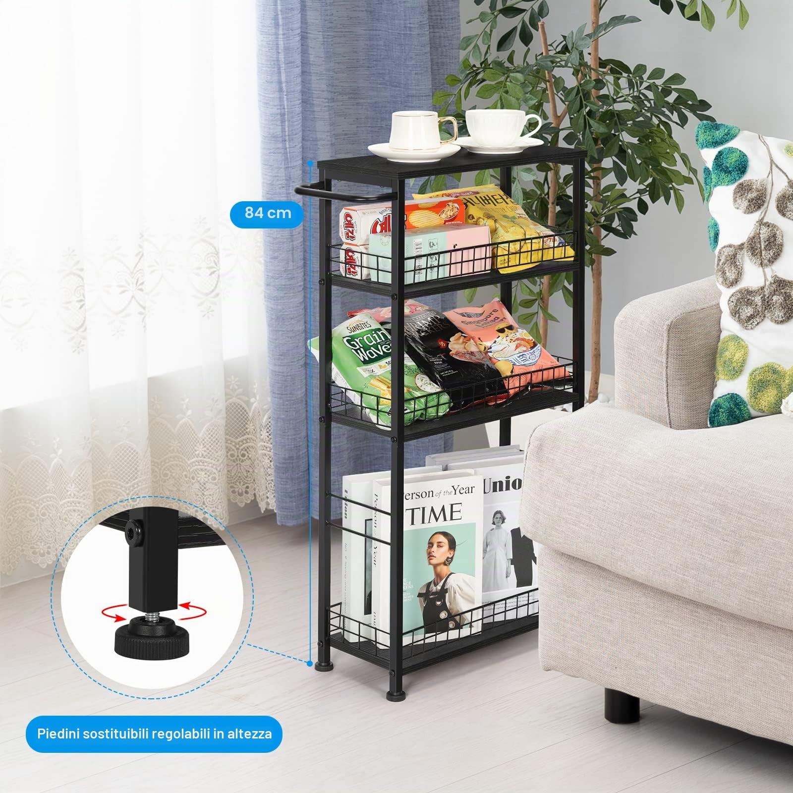 YBING Carrello portaoggetti sottile da cucina con ruote, 4 ripiani, mobile con manico in legno e metallo, scaffale estraibile, per cucina, soggiorno, piccoli spazi, nero