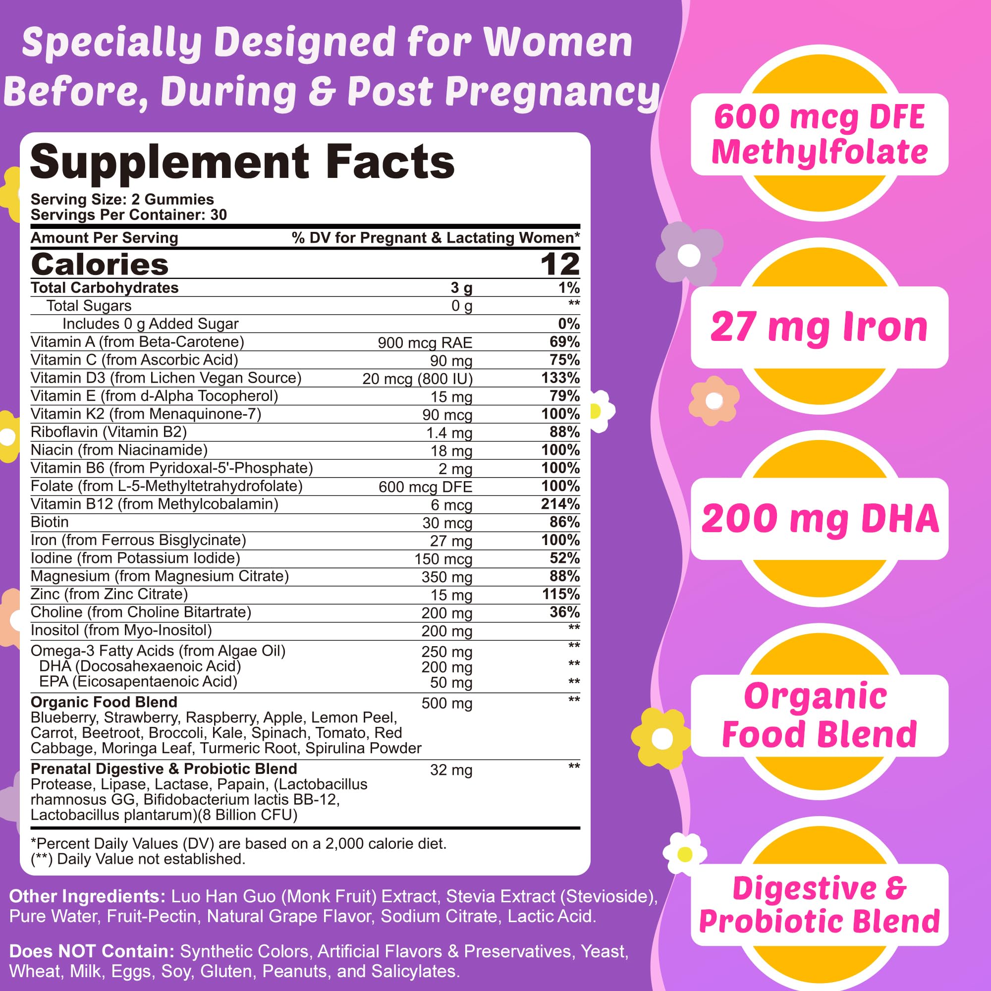 Prenatal Vitamins for Women Gummies + Methylfolate, DHA & Iron, Vegan,120Ct — Amazon image 2