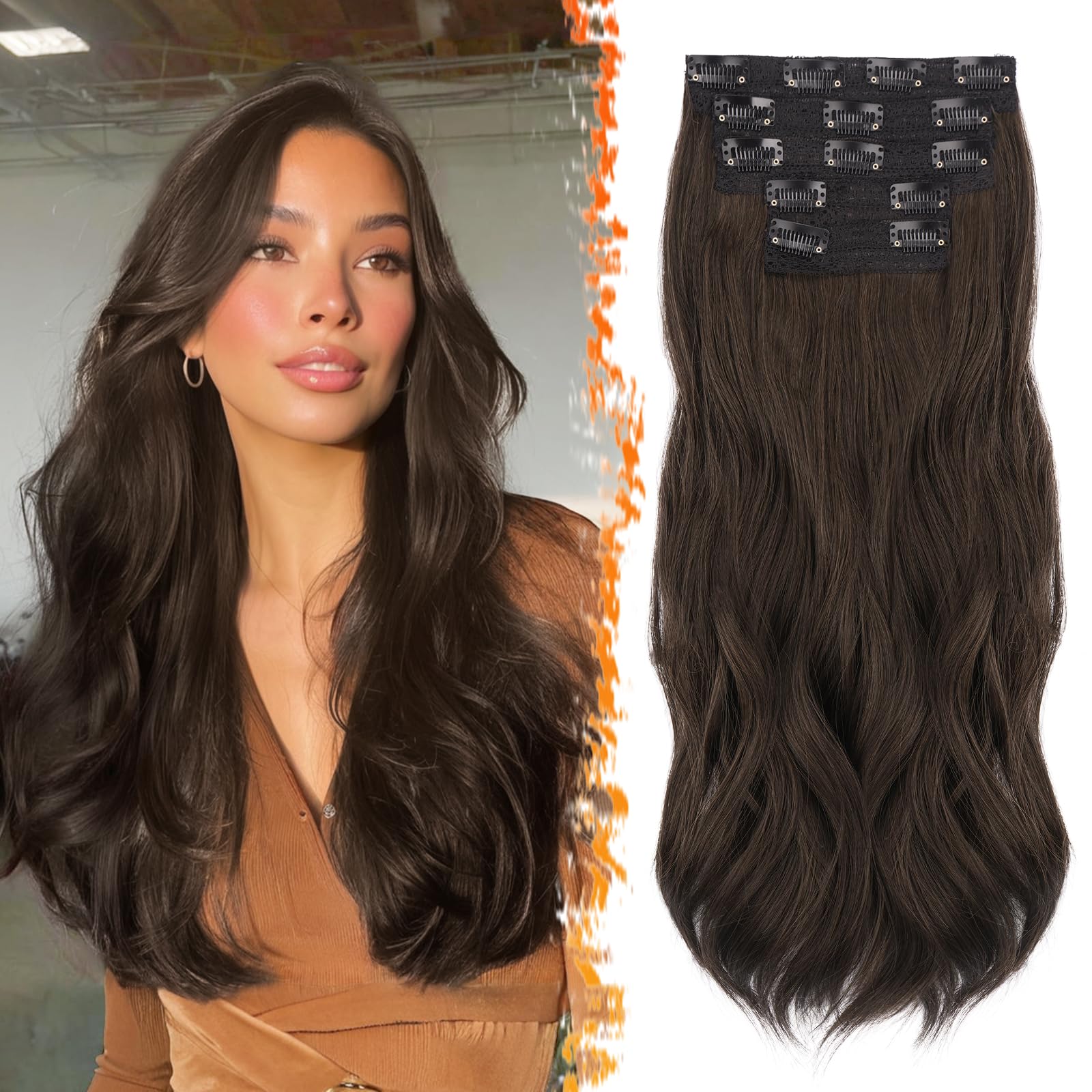 BARSDAR Clip in Haarverlängerungen, 50cm Wellige Clip in Hair Extensions für Frauen 5PCs Voller Kopf Natürliches Look Synthetisches Haarteil Haarextension - Dunkelbraun