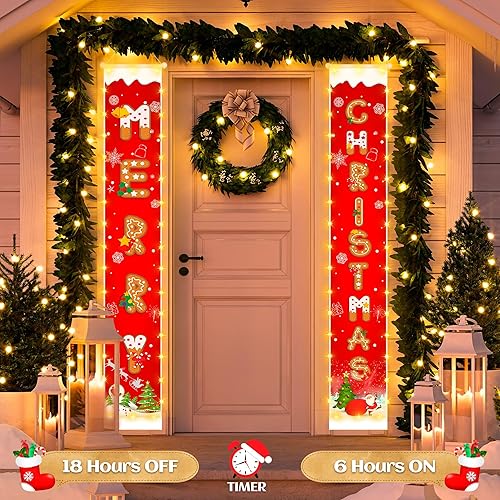 Miniatura 6 de Pancartas de decoración de Navidad para exteriores, pancarta roja colgante con patrón de galletas con tira de luces para decoración de fiesta de