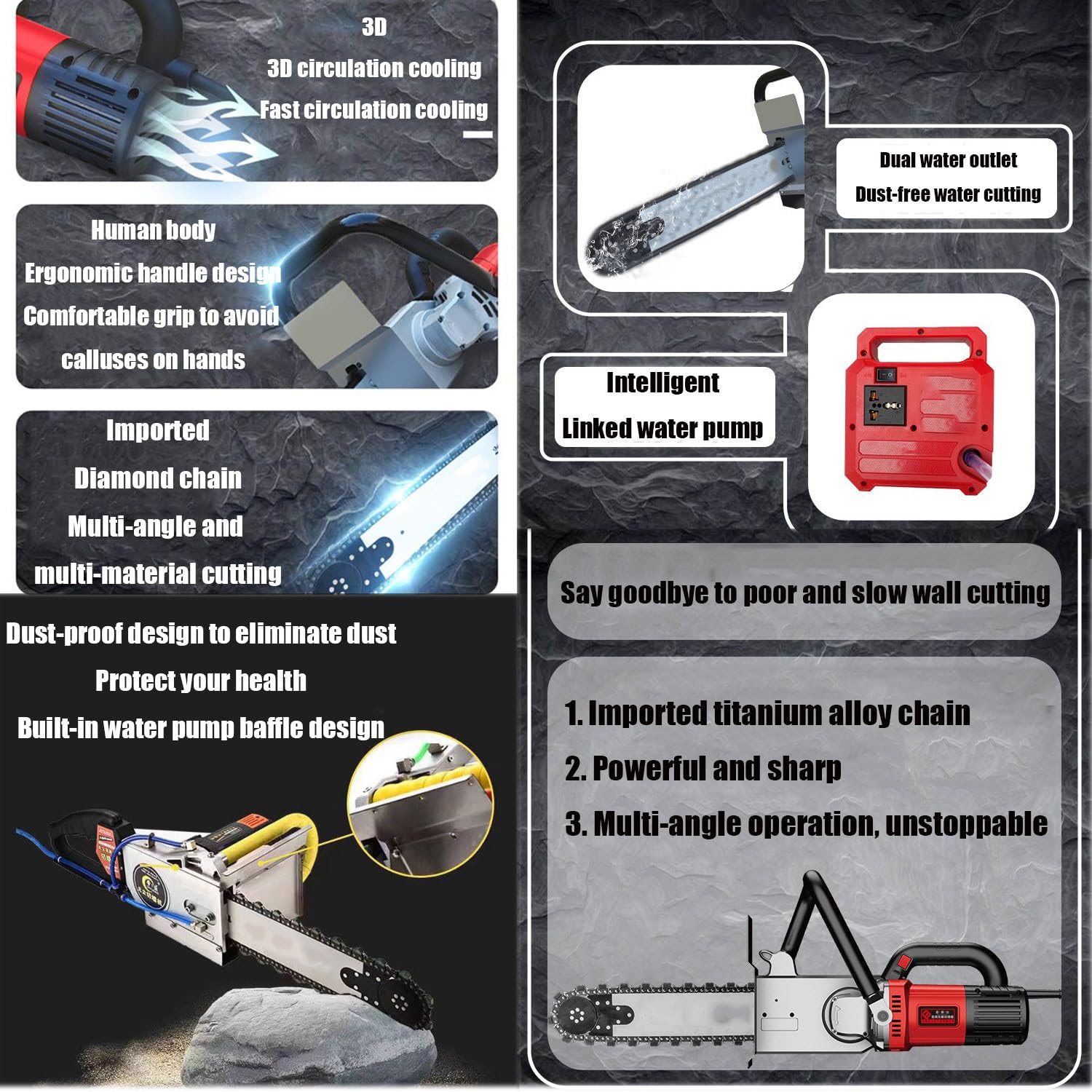 Motosierra eléctrica para hormigón, minimotosierra eléctrica de mano para cortar muros, cortadora de muros con cadena de diamante eléctrica, con supresión de polvo con alimentación de agua 350