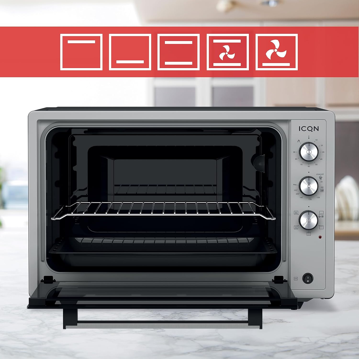 ICQN 60 Litri Mini Forno XXL, Smaltato, Spiedo Girevole, Illuminazione Interna, Ventilato, Forno Per pizza, Doppio Vetro, Funzione Timer, Temperatura da 40° Fino a 230°, 1800 W, Acciaio Inox Grigio