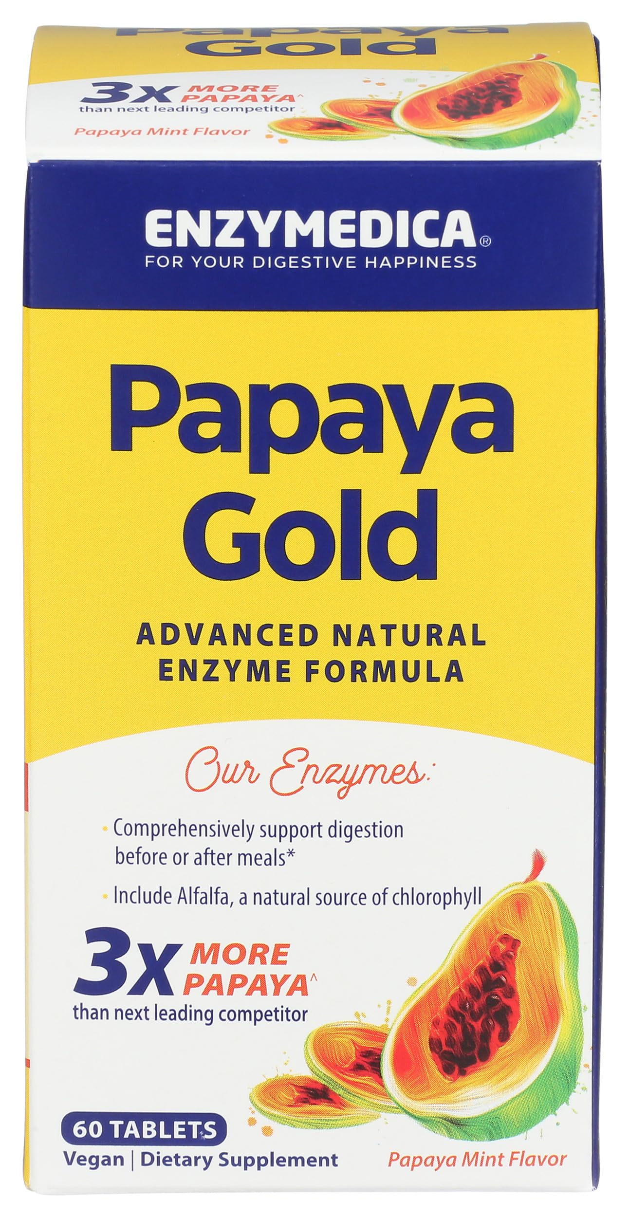 Enzymedica Papaya Gold, Advanced Digestive Enzymes with Natural Organic Papaya & Chlorophyll for Comprehensive Digestion Support, High Potency Bromelain & Papain, Vegan, Mint, 60 Chewable Tablets