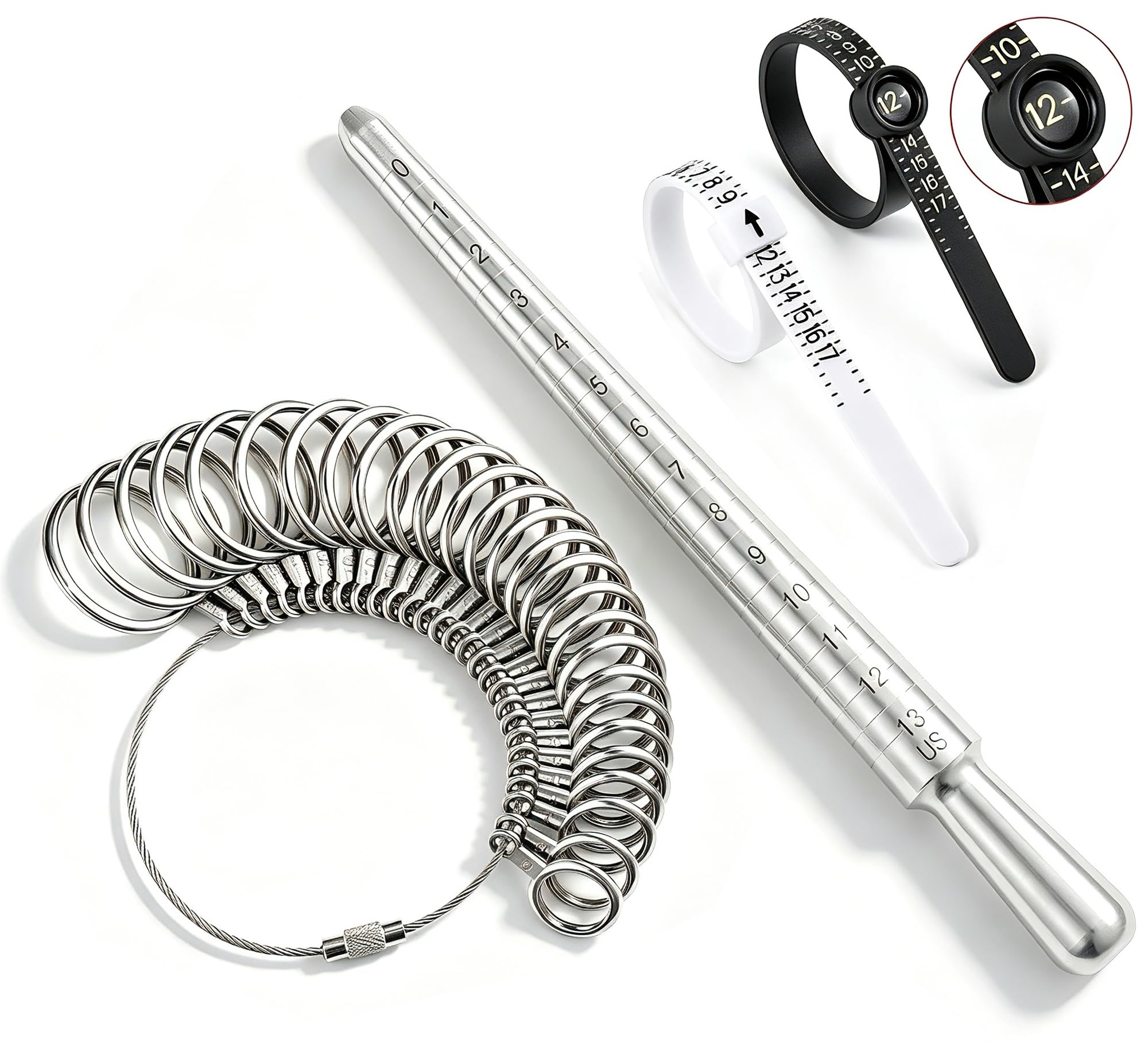 Bflaae 4 PCS Ring Sizer Measuring Tool Kit with US Ring Mandrel, 27 PCS Stainless Steel Ring Gauges, 2 PCS Reusable Finger Size Tape with Magnified Glass 1-17 USA Rings Size, Pro 4 PCS
