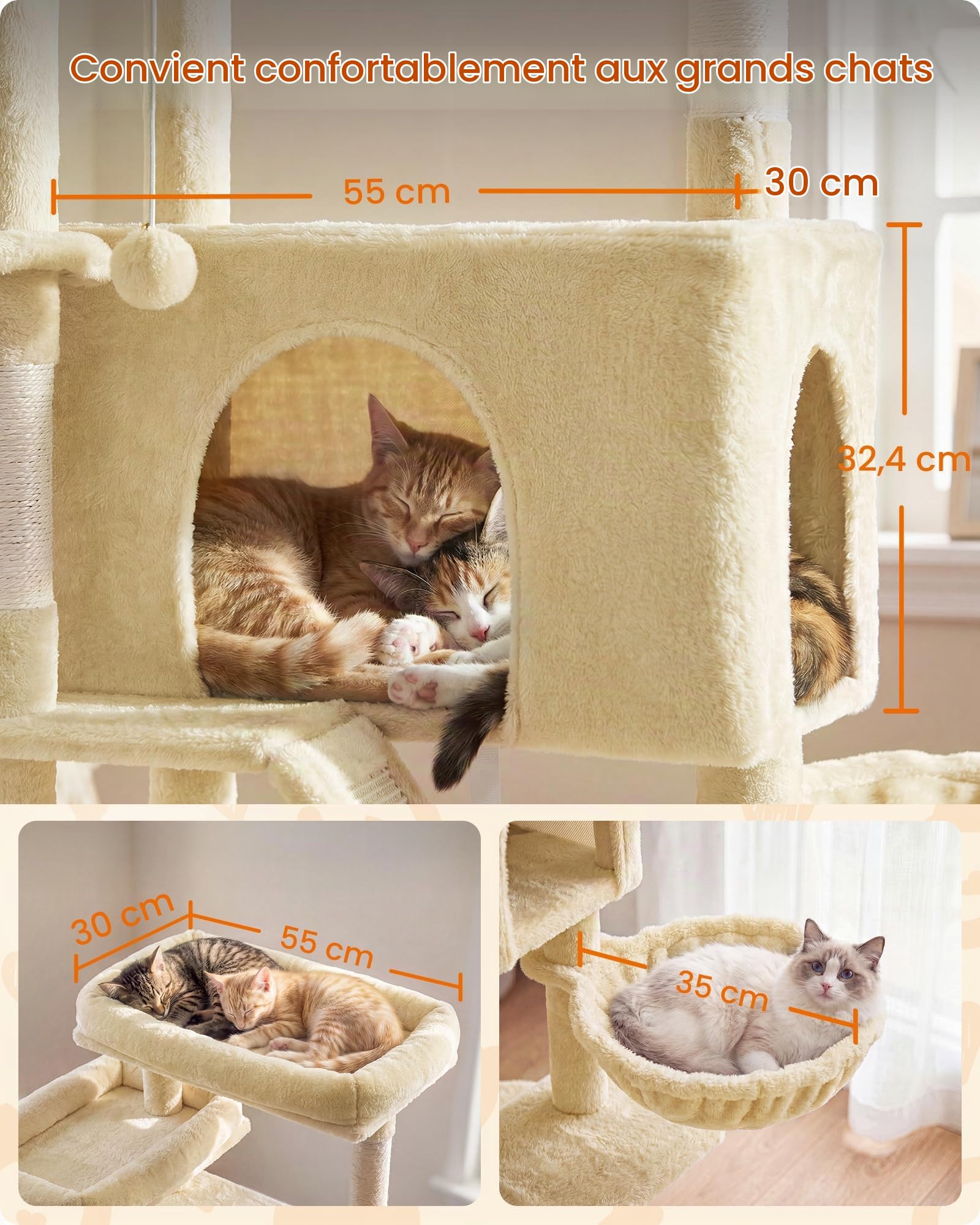 Feandrea Arbre à Chat XXL, Tour d'Activités en Sisal, 7 Zones de Repos avec Griffoir, 55 x 45 x 205 cm, Beige, pour Multi-Chats, Collection Clawfy PCT021Y101