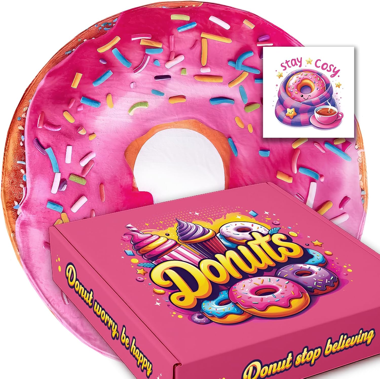 Gift-Ready Donut Throw in a Box – 70" Round Pink Flannel Blanket – Cute Doughnut Design – Cozy Food-Themed Gift for Kids & Adults – Soft Dessert-Inspired Throw