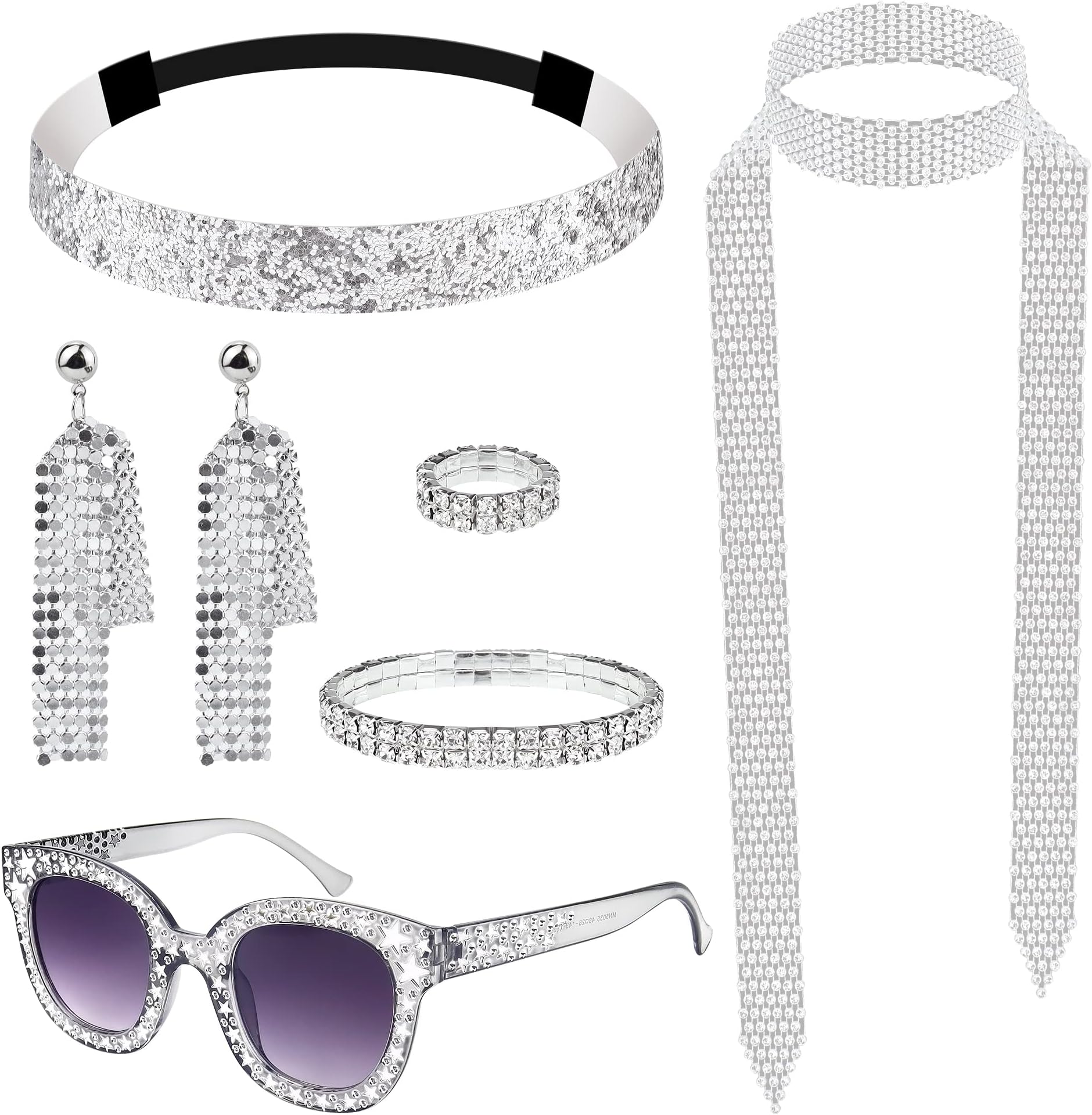7Pcs 1970s Disco Accessories Women Set Bling Earrings Neckscarf Bracelet Ring Sequin Headband Sunglasses Hippie Costume Fancy Jewelry Kits for Girls 70s Theme Dance Party Abba, Silver
