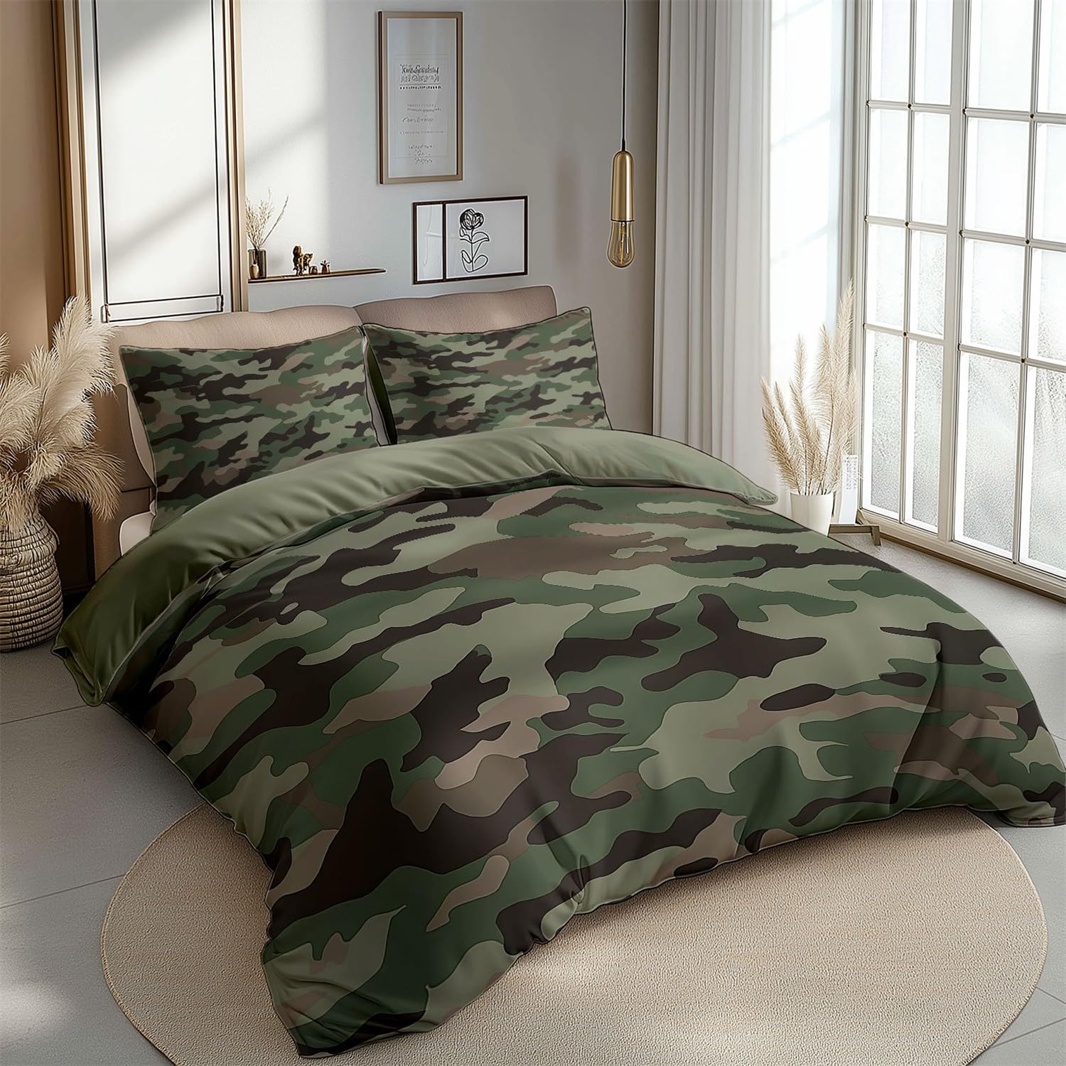 Funda Nórdica Reversible Cama 150, 220 x 240 cm Estampado Funda nórdica Microfibra con Cremallera, Ropa de Cama con 1 Funda nórdica y 2 Fundas de Almohada Camuflaje Militar Camuflaje Verde Claro